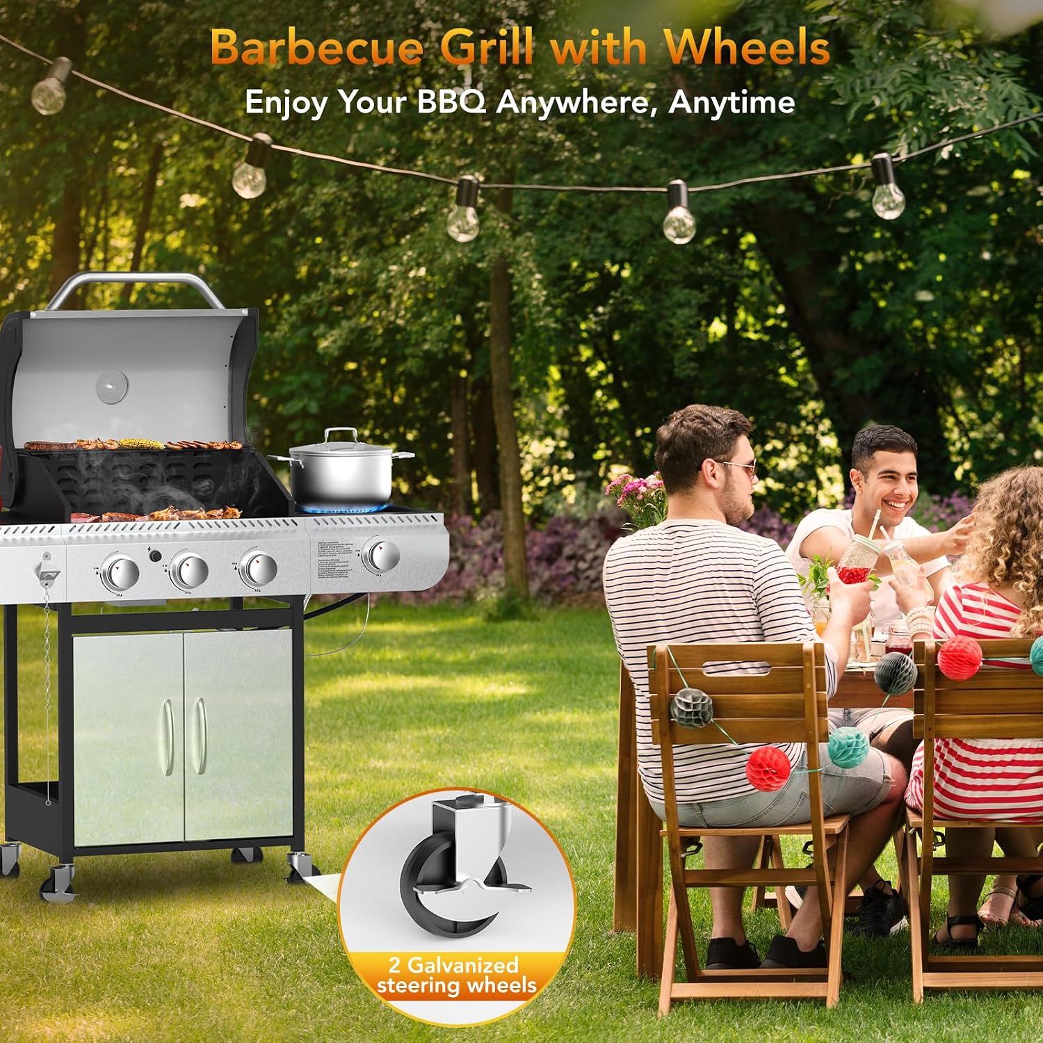 Electactic 3-Burner Propane Gas BBQ Grill with Side Burner,Stainless Steel Grill with Porcelain-Enameled Grates,37000 BTU Barbecue Grill, Suitable for Outdoor Cooking,Camping,Patio Backyard