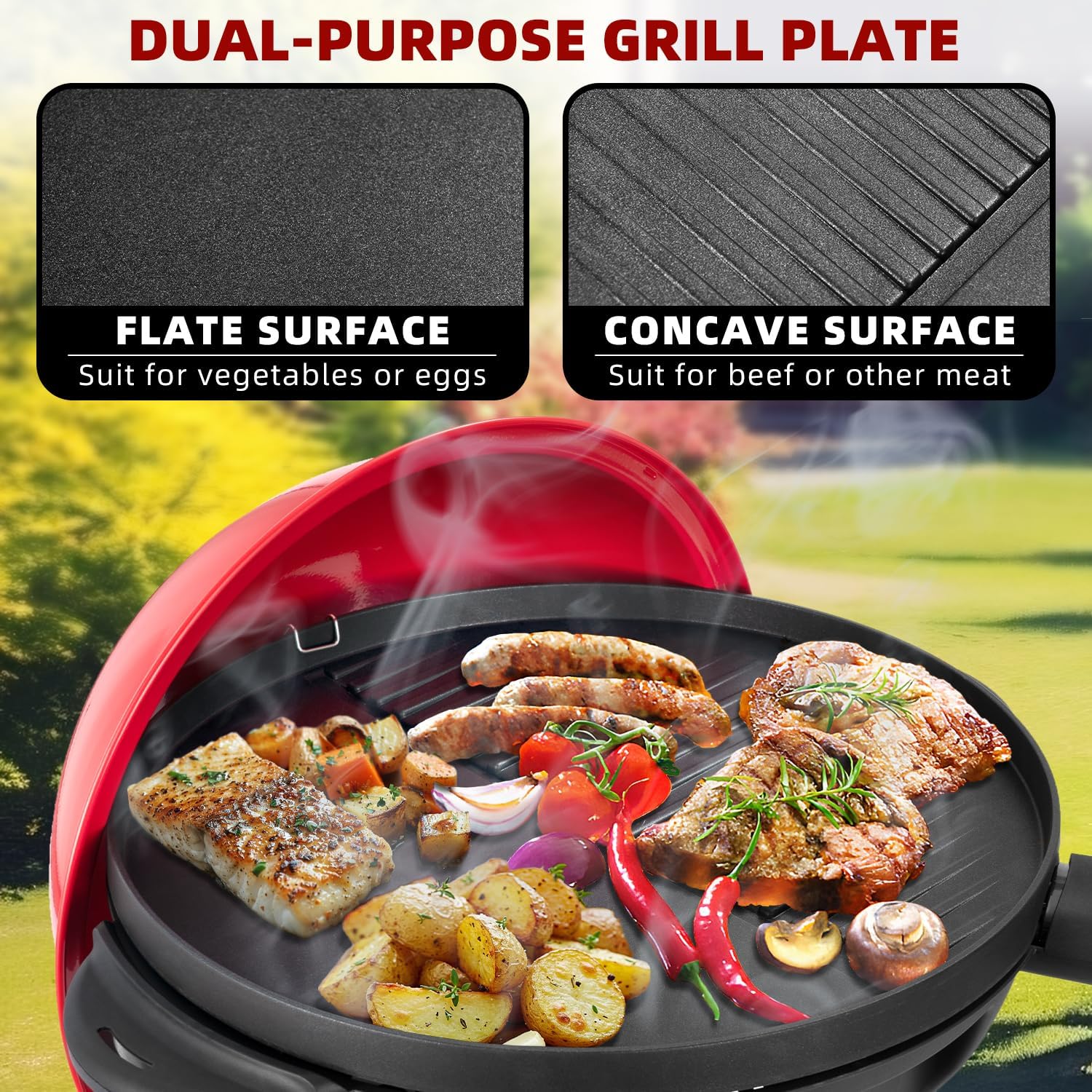 QPMR Electric Grill Outdoor/Indoor,Portable BBQ Grill with Nonstick Surface,200 Square Inches Indoor Electric Barburcue Grill with Adjustable Heat,Stand/Tabletop,for Patio/Yard/Home(Red)