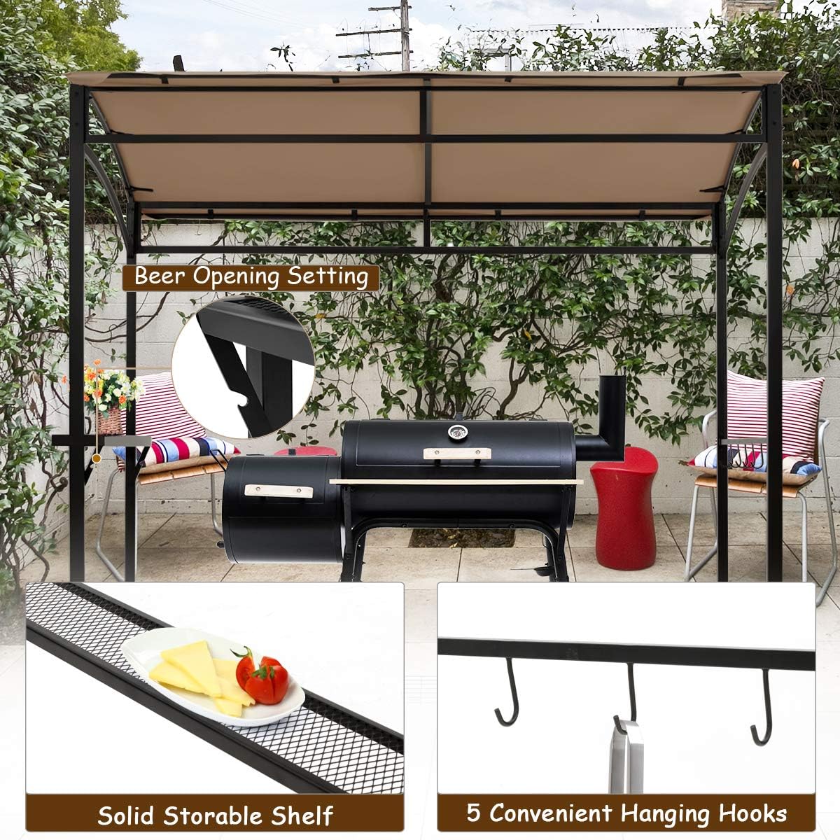 Tangkula 7ft Grill Gazebo, Patio Barbecue Canopy with Serving Shelf and Storage Hooks, Curved Grill Shelter w/Heavy-Duty Steel Frame Sunshade Gazebo for Outdoor Garden (Coffee)
