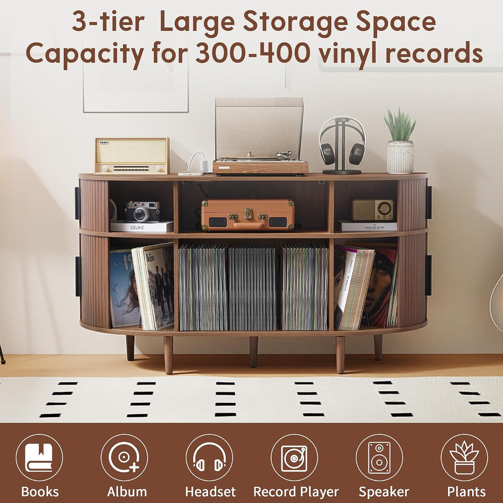 Large Record Player Stand, 55'' Wood Vinyl Record Storage Cabinet with Charging Station & USB Ports, Curved Turntable Table Open Shelf Holder Up to 300 Albums for Living Room(Walnut)