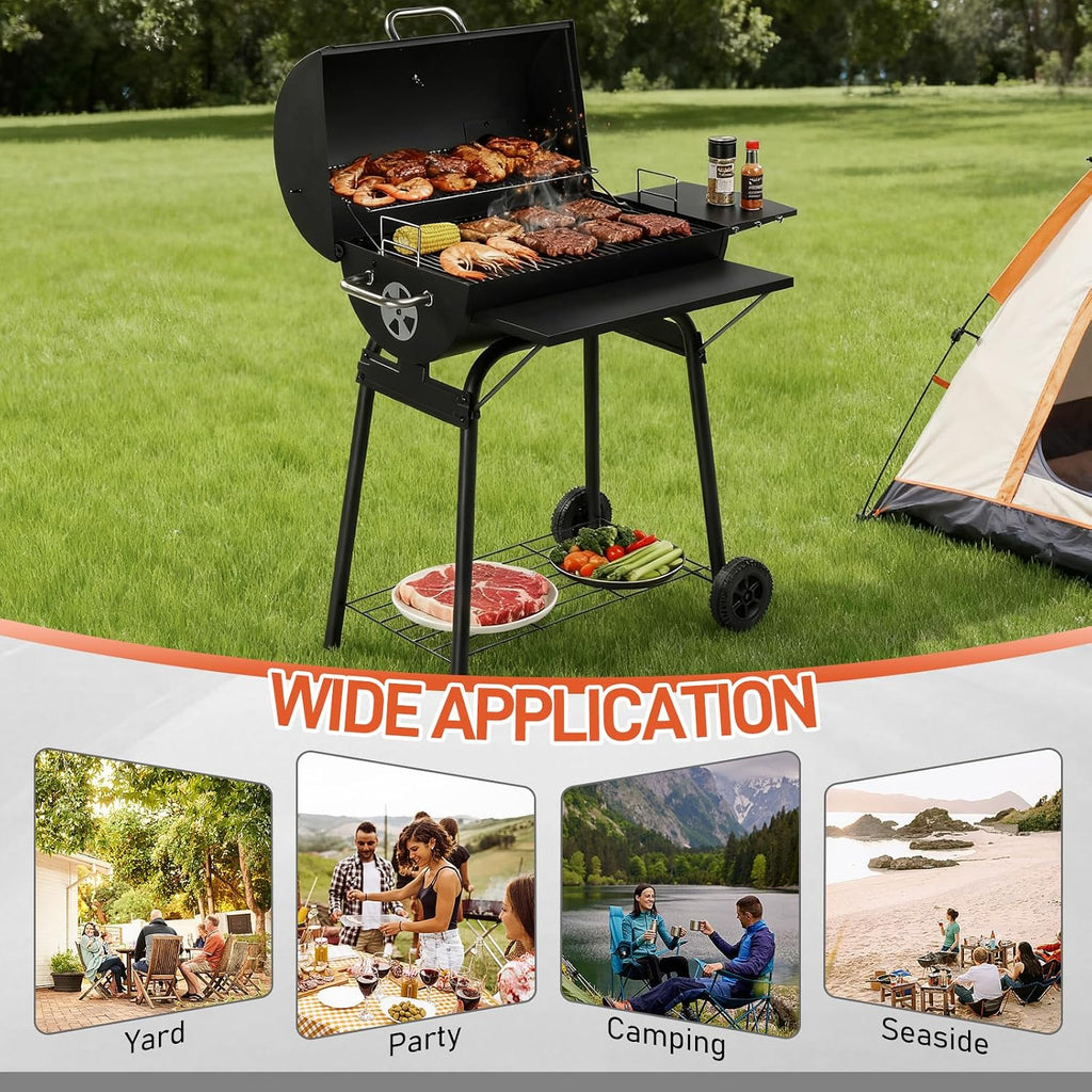 VINGLI Upgraded Barrel Charcoal Grill with Side Front Tables, Adjustable Charcoal Tray BBQ Grill Outdoor Smoker Grill with Wheels for Party Garden Patio and Backyard Cooking 39''D × 24''W × 46''H