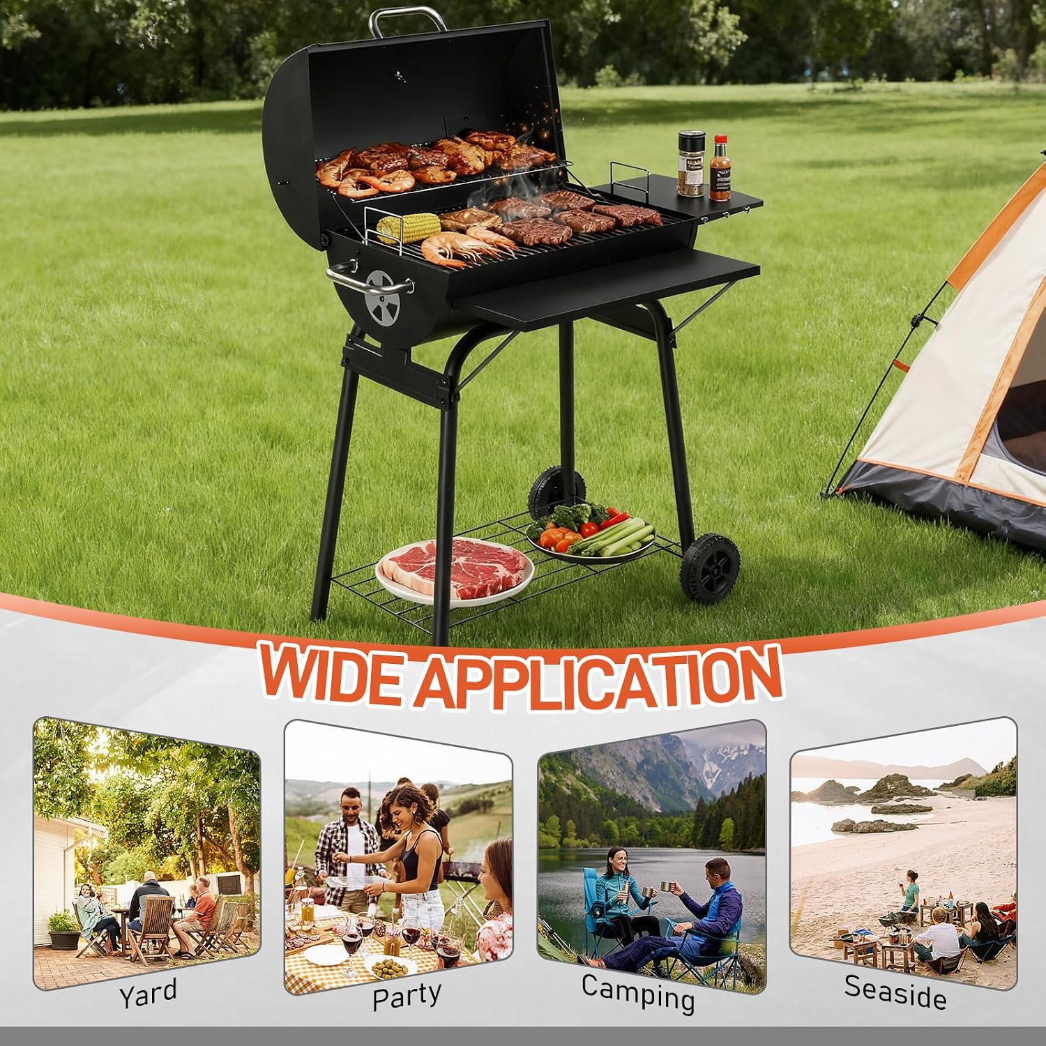 VINGLI Upgraded Barrel Charcoal Grill with Side Front Tables, Adjustable Charcoal Tray BBQ Grill Outdoor Smoker Grill with Wheels for Party Garden Patio and Backyard Cooking 39''D × 24''W × 46''H