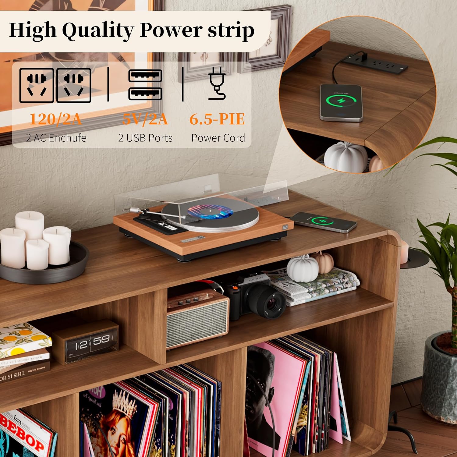 Record Player Stand with Vinyl Storage Cabinet with Charging Station & USB Ports, Turntable Stand Table Holds Up to 350 Albums, Curved Vinyl Record Cabinet for Living Room (Walnut, 55-inch)