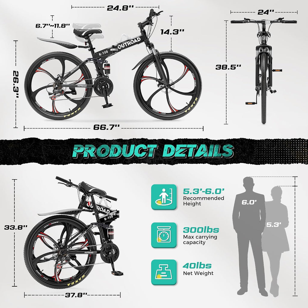 Outroad 26 Inch Folding Mountain Bike, 21 Speed Full Suspension High-Carbon Steel MTB Foldable Bicycle, Dual Disc Brake Non-Slip Folding Bikes for Adults/Men/Women, Black, Orange and Green