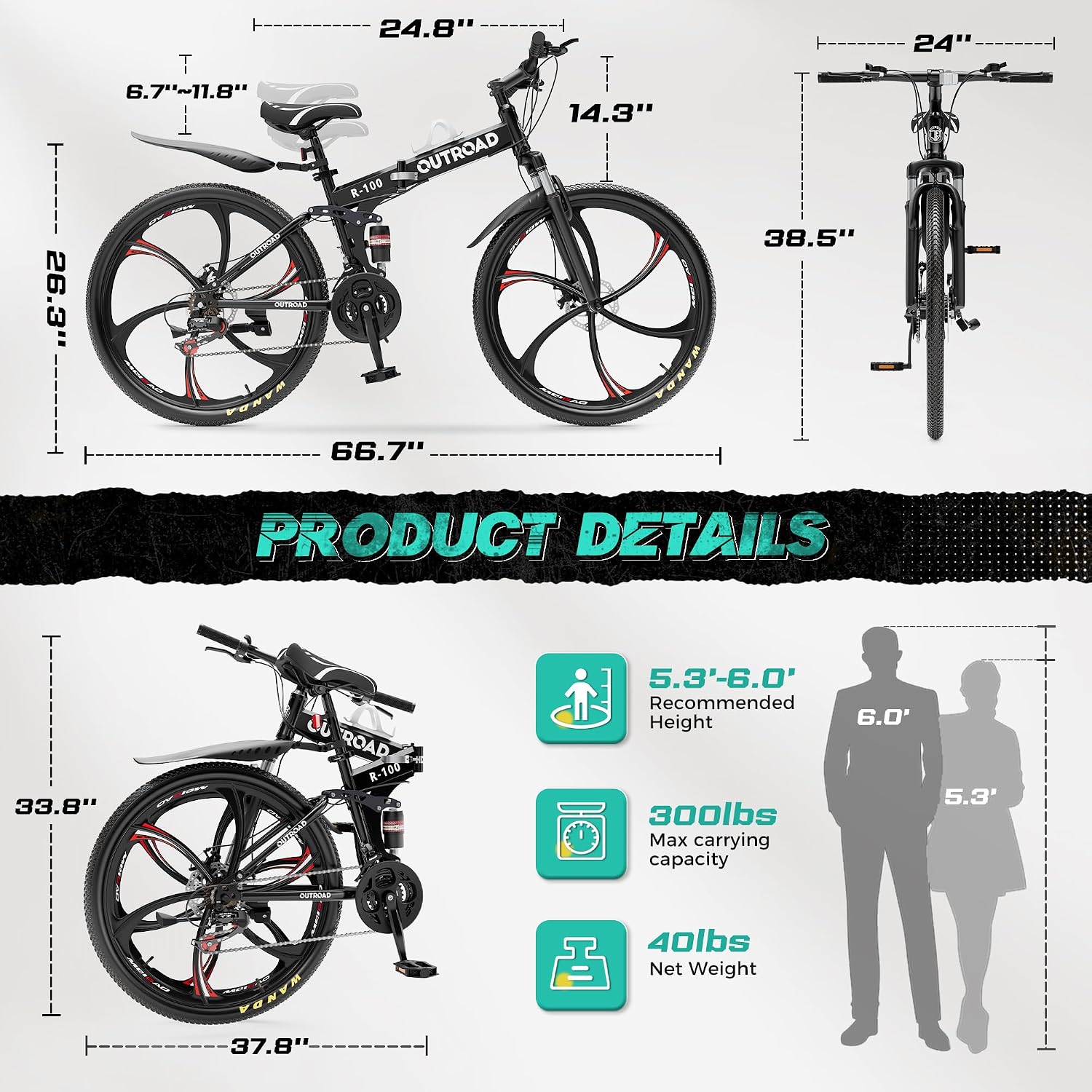 Outroad 26 Inch Folding Mountain Bike, 21 Speed Full Suspension High-Carbon Steel MTB Foldable Bicycle, Dual Disc Brake Non-Slip Folding Bikes for Adults/Men/Women, Black, Orange and Green