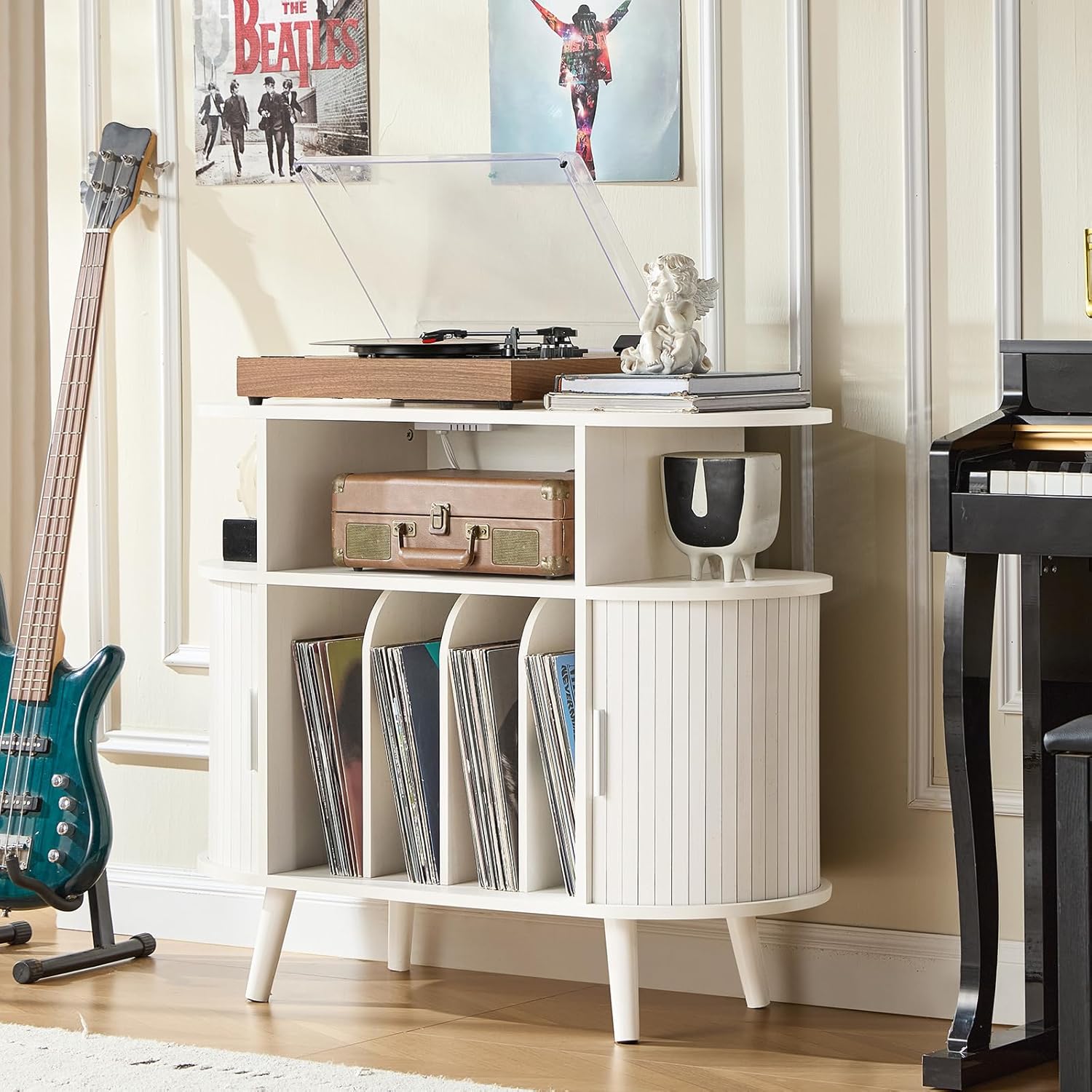 LELELINKY Large Round Record Player Stand with Charging Station & Fluted Display Shelf, White Mid Century Modern Turntable Cabinet with Vinyl Storage, Arched Wood Record Player Table for Living Room