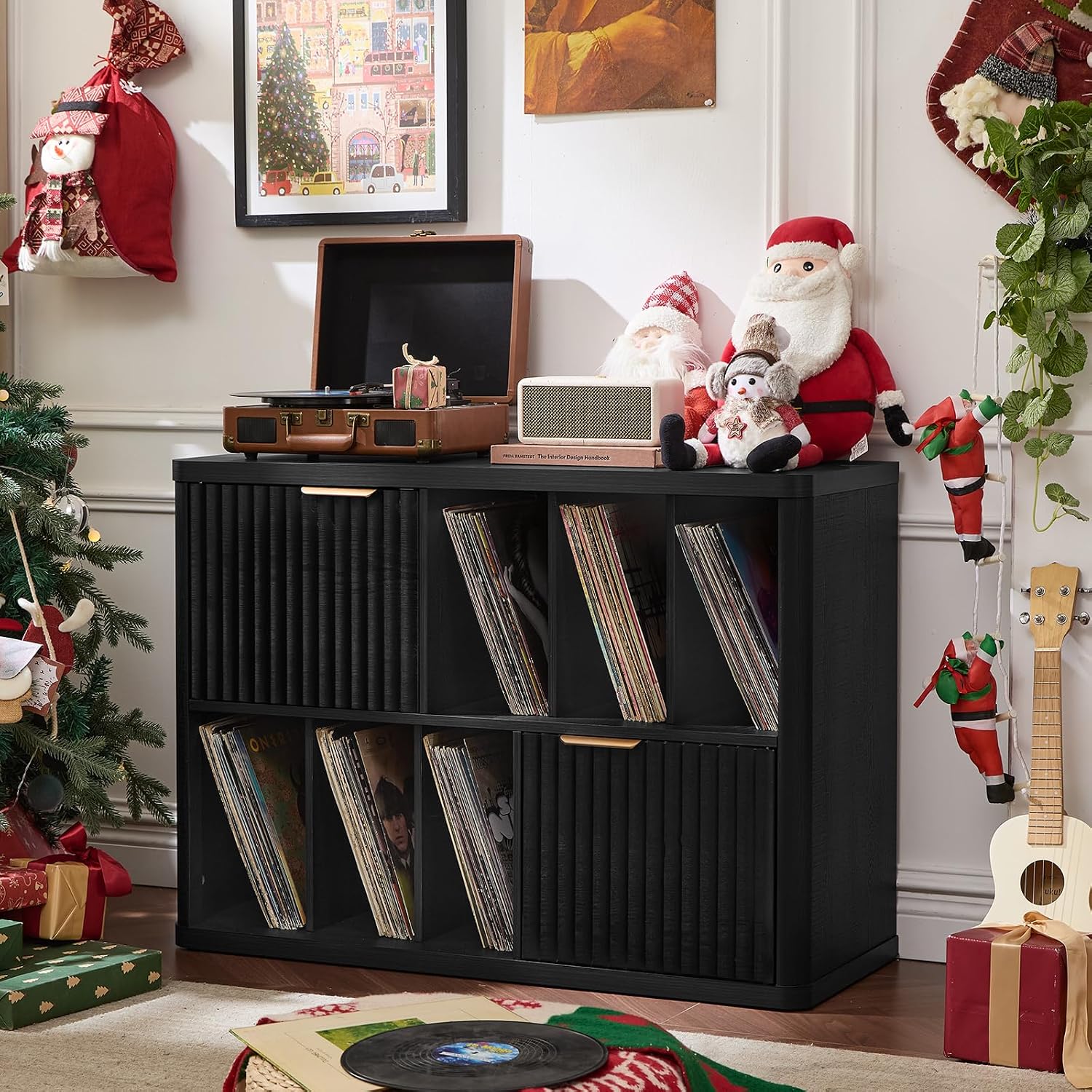 LEYAOYAO Large Record Player Stand with Vinyl Storage Up to 450 Albums, Wood Fluted Boho Record Storage Accent Cabinet, Modern Stereo Media Cabinets, Wide Turntable Stand for Living Room, Black Oak