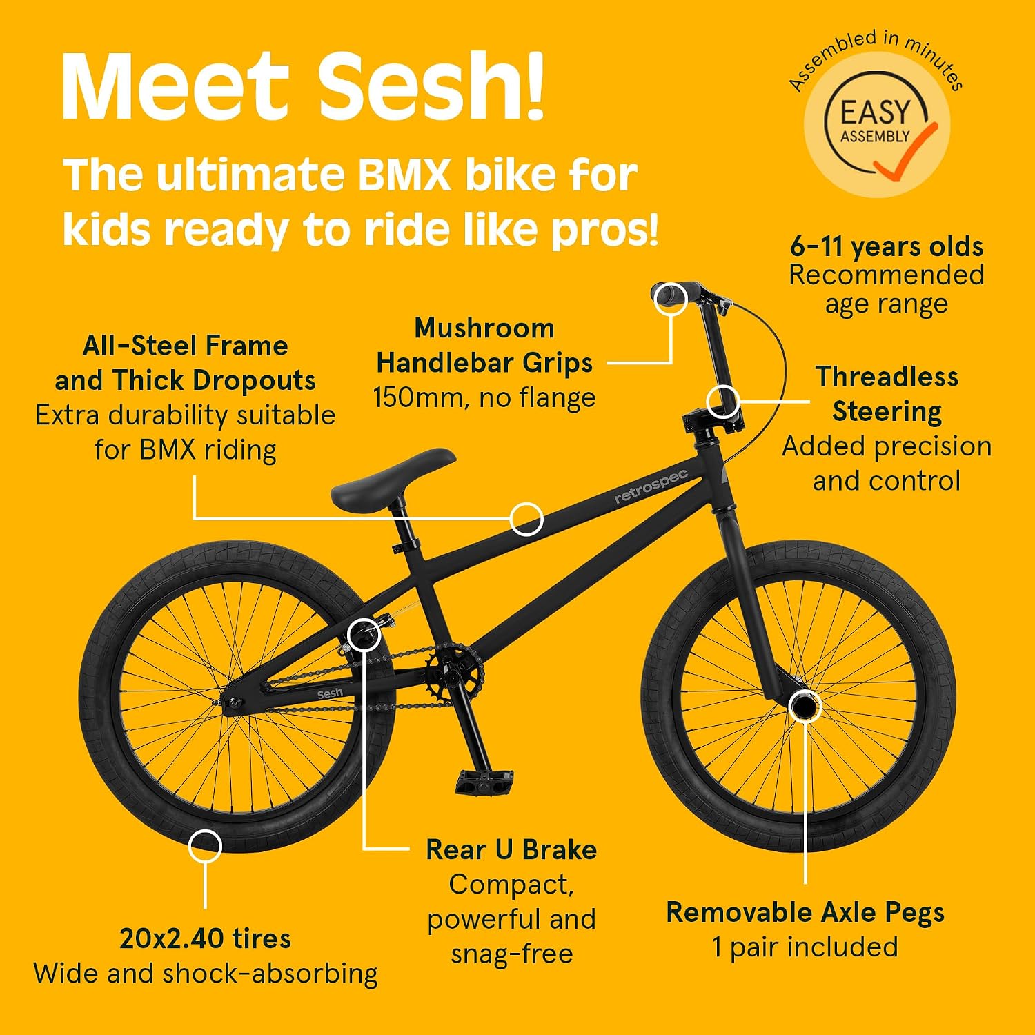 Retrospec Sesh 20' Kids BMX Bike - Freestyle Youth Bicycle for Boys and Girls With Removable Axle Pegs, U-Brake, Threadless Steering and Shock-Absorbing Tires for Children Ages 6-11 Years Old