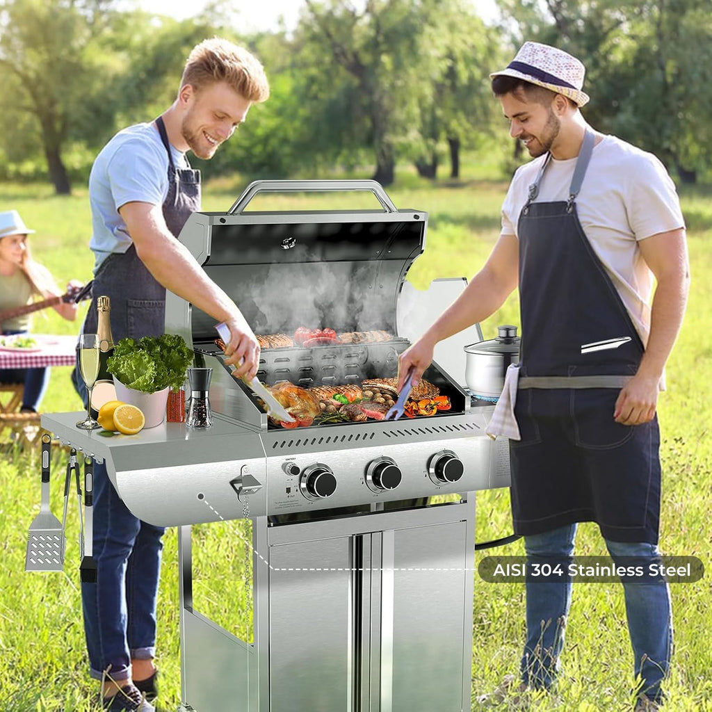 34,000 BTU 3-Burner Propane Gas Grill with Side Burner, All Stainless Steel BBQ Grill, Cast Iron Grates & Portable Cart with Wheels，Outdoor Barbecue Grill for Backyard, Patio, Camping (G31 PRO)