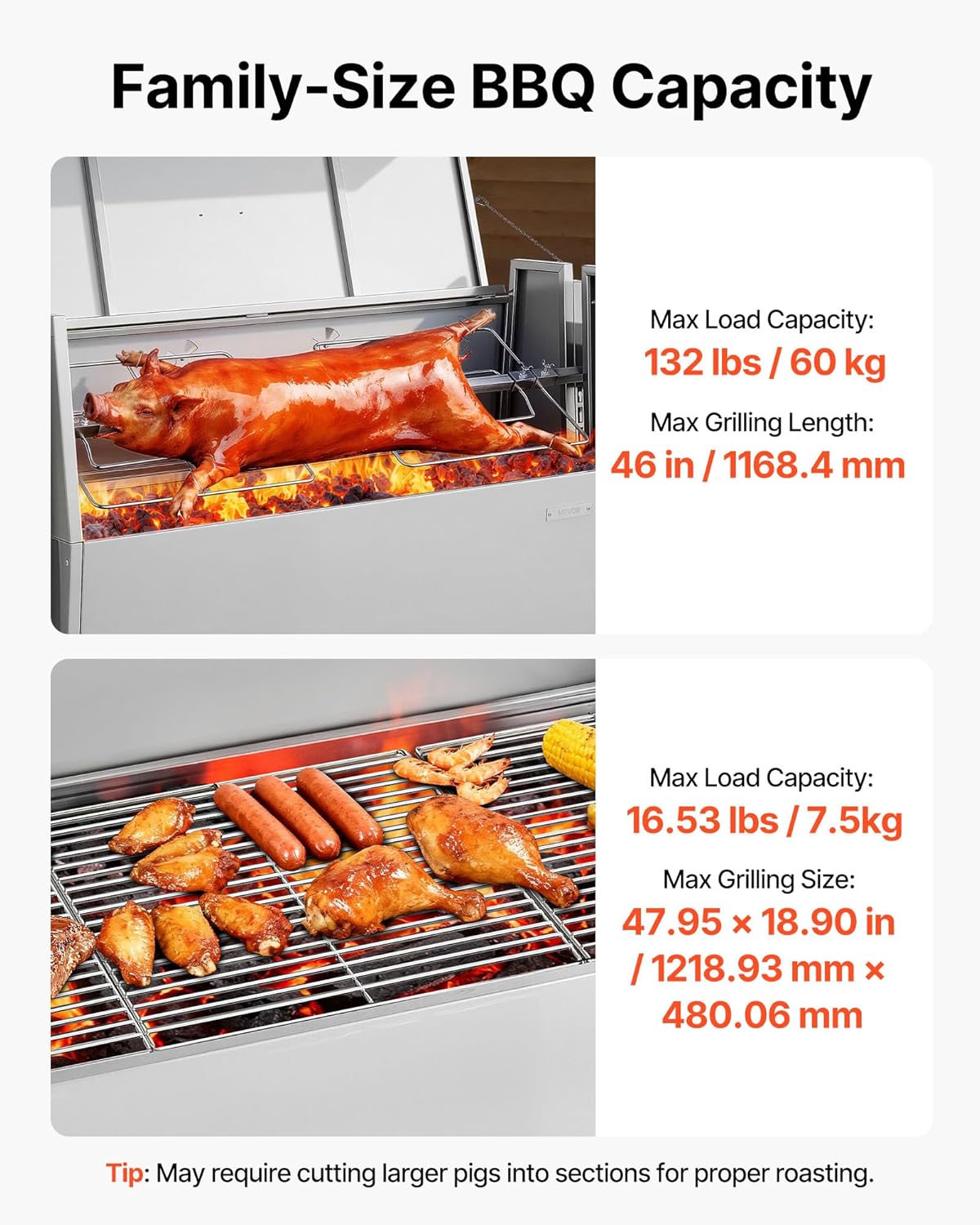 VEVOR Rotisserie Grill, 46in BBQ Outdoor Pig & Lamb Spit Roaster, Charcoal Spit Roaster with 132 LBS Capacity, Wheels & 4-Level Height, Stainless Steel Rotisserie Grill Kit for Camping Outdoor Parties