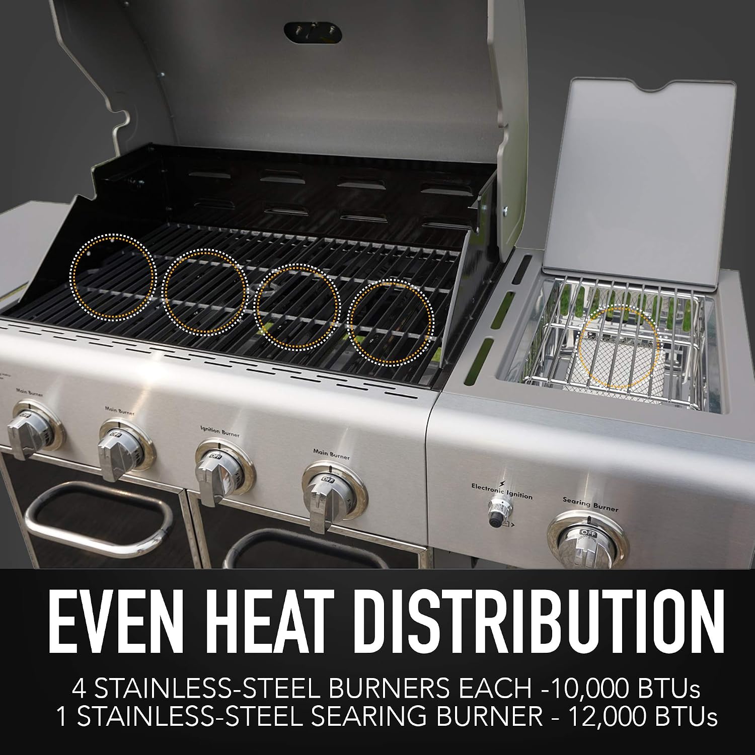 Kenmore 4-Burner BBQ Gas Grill with Searing Side Burner, Propane Grill, 52,000 BTUs, Warming Rack, Electronic Ignition & Cast Iron Cooking Grates, Black/Stainless Steel