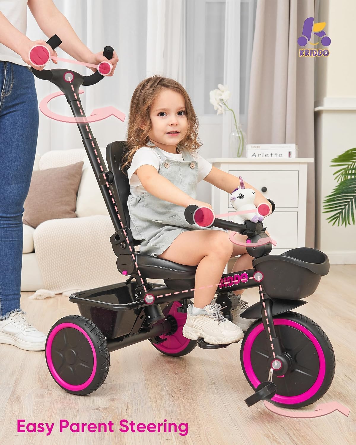 KRIDDO 7-in-1 Tricycle Stroller for Toddlers 18 Months to 5 Years, Adjustable Push Handle, Rotatable Seat, Cup Holder and Retractable Canopy, Folding Baby Trike w/Detachable Guardrail, Footrest, Pink