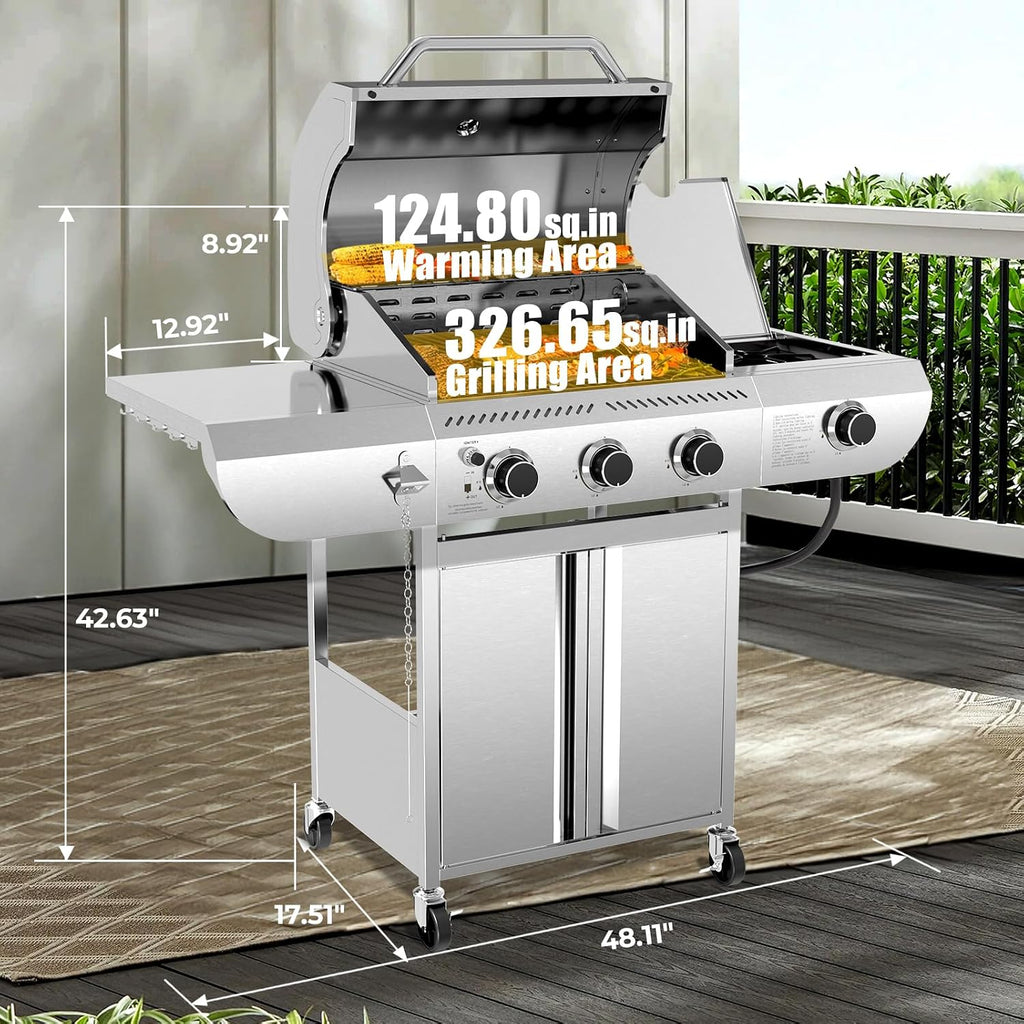 R.W.FLAME 3-Burner Propane Gas Grill With Sider Burner, 34,000BTU Stainless Steel BBQ Grill, Cast Iron Grates&Pullout Oil Drip Tray, Barbecue Grill with Casters for Outdoor Backyard&Patio