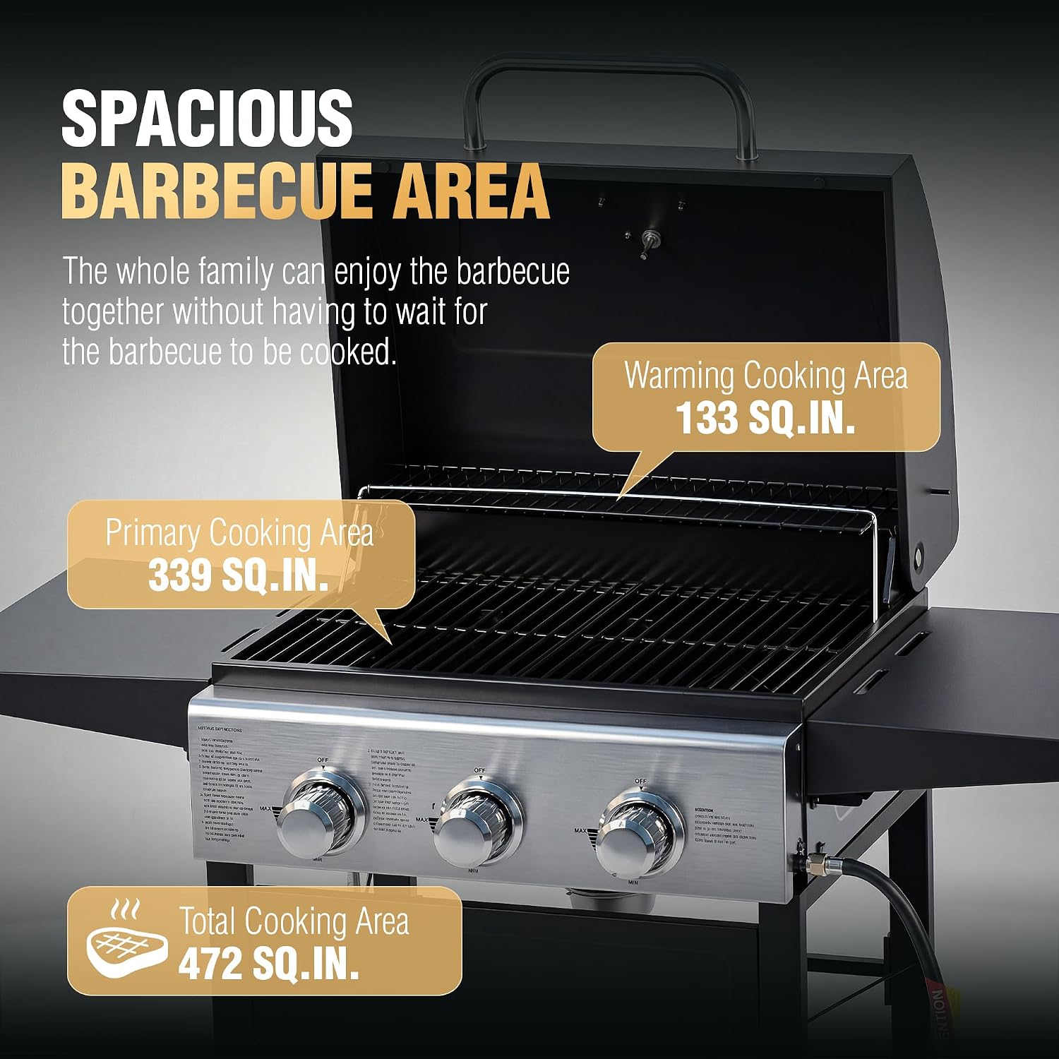 MASTER COOK 3 Burner BBQ Propane Gas Grill, 472 Sq. In. Cooking Area, 30,000 BTU Stainless Steel Barbecue Grill with Two Foldable Shelves for Outdoor Patio, Backyard