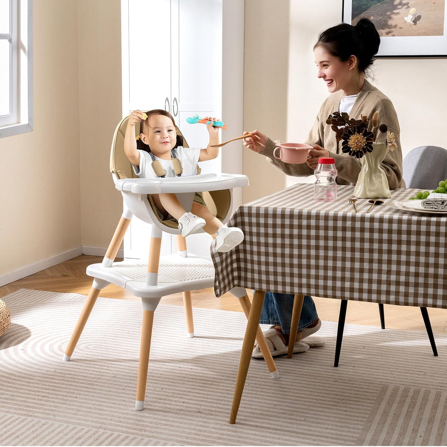 GLACER High Chair, 6-in-1 Convertible Wooden High Chairs for Babies and Toddlers w/Building Block Table, 5-Point Safety Harness, Removable Tray, PU Cushioned Baby High Chair for 6-36 Months (Khaki)