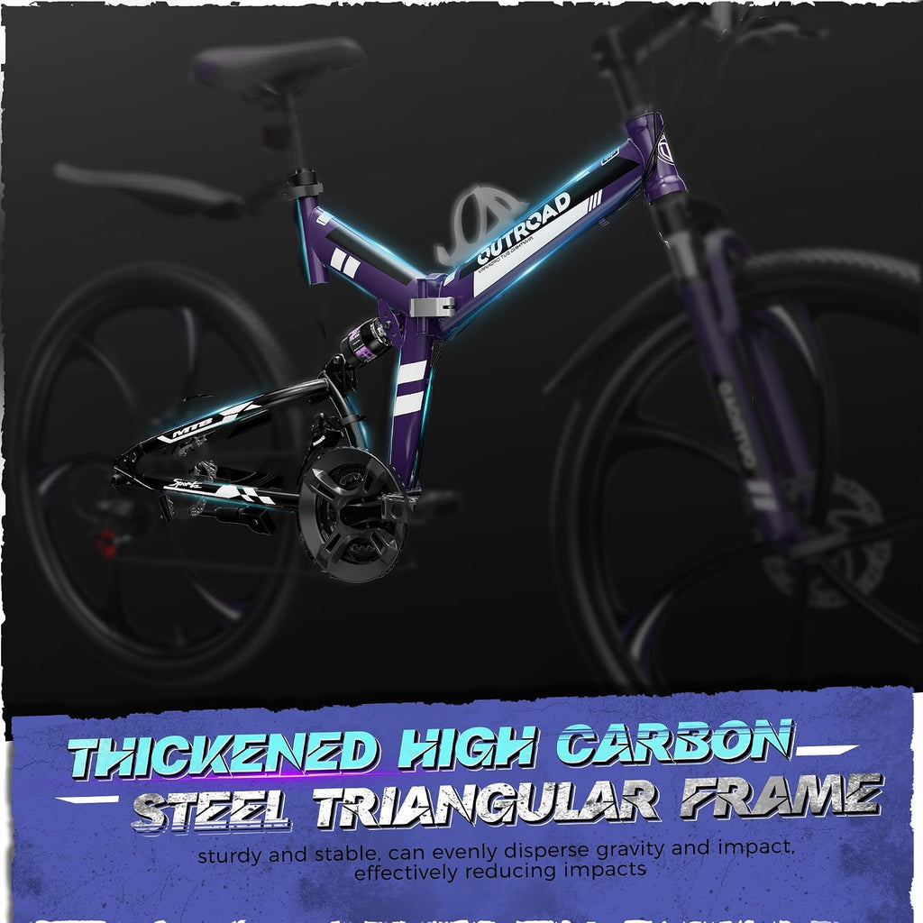 Outroad 26 Inch Folding Mountain Bike, 21 Speed Full Suspension High-Carbon Steel MTB Foldable Bicycle, Dual Disc Brake Non-Slip Folding Bikes for Adults/Men/Women, Black, Orange and Green