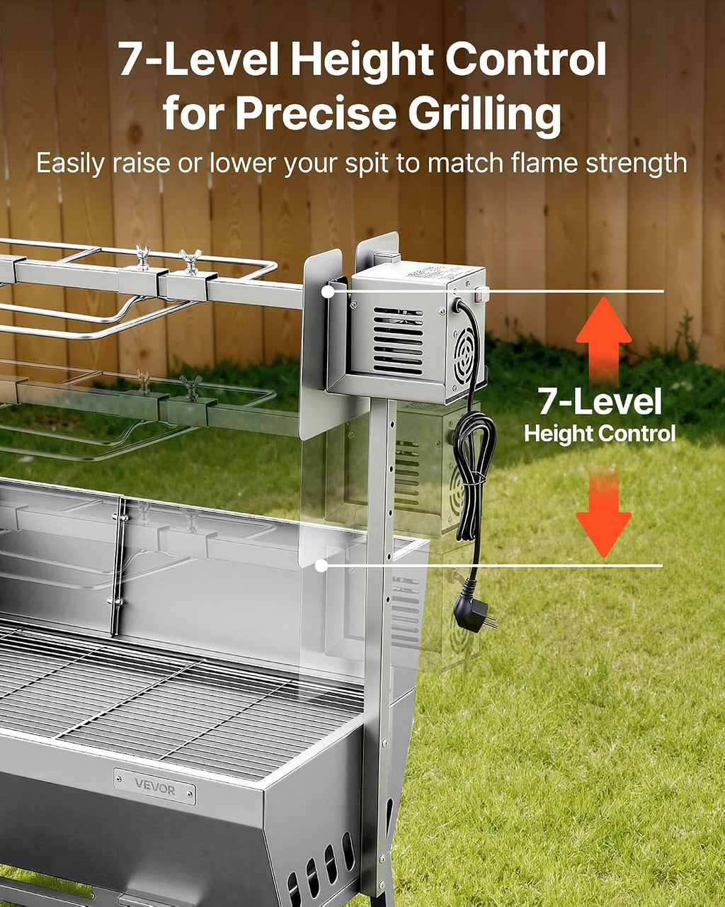 VEVOR Rotisserie Grill, 37in BBQ Outdoor Pig & Lamb Spit Roaster, Charcoal Spit Roaster with 132 LBS Load Capacity & 7-Level Height, Stainless Steel Electric Rotisserie Grill Kit for Camping Outdoor