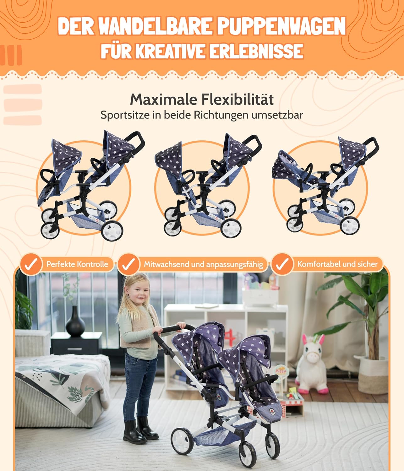 Bayer Chic 2000 - Linus Duo Doll's Pram, Twin Doll's Pram for Children from 4 to 8 Years, Jeans Grey, 690-76, 82 x 41.5 x 79 cm