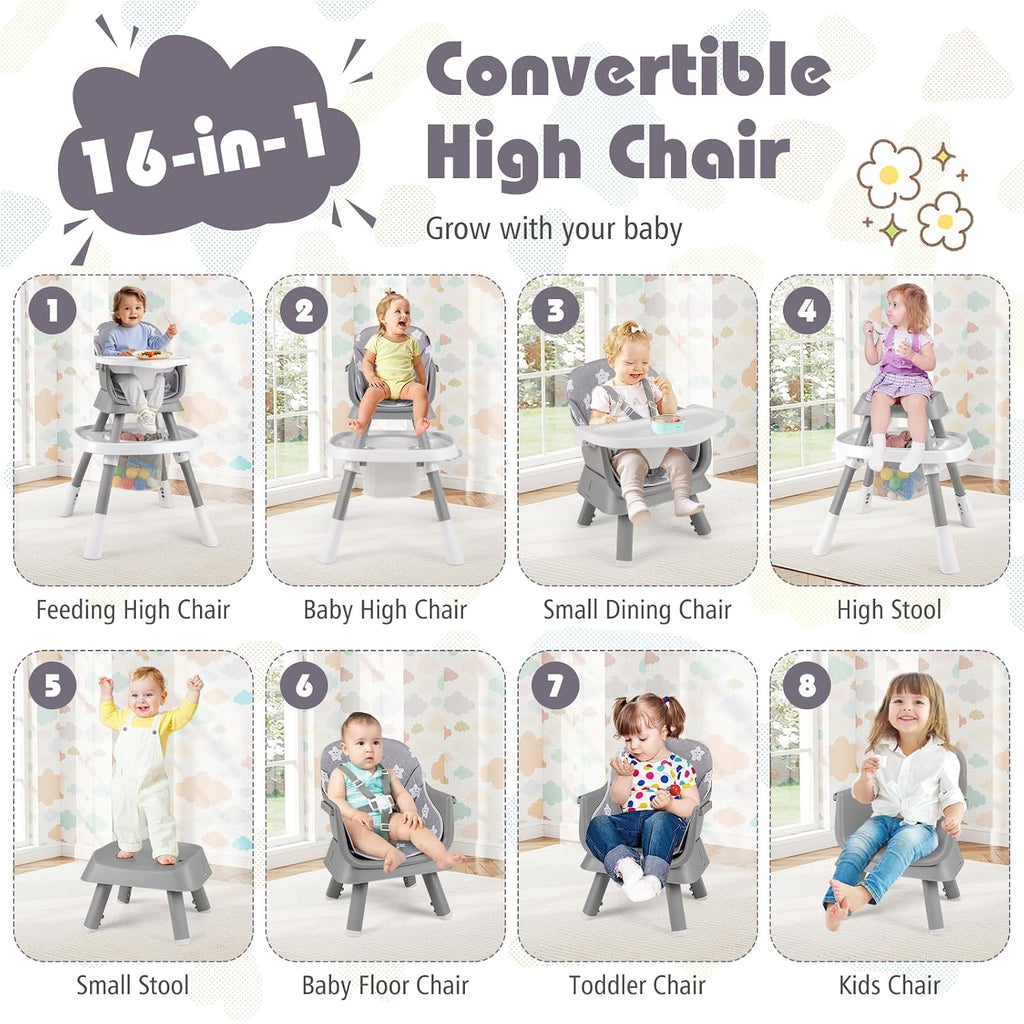 KOTEK 16 in 1 Convertible High Chair, Baby Highchair & Activity Center, Booster Seat, Building Block Table, Toddler Chair with 5-Point Harness, Removable Tray & Cushion (Gray)
