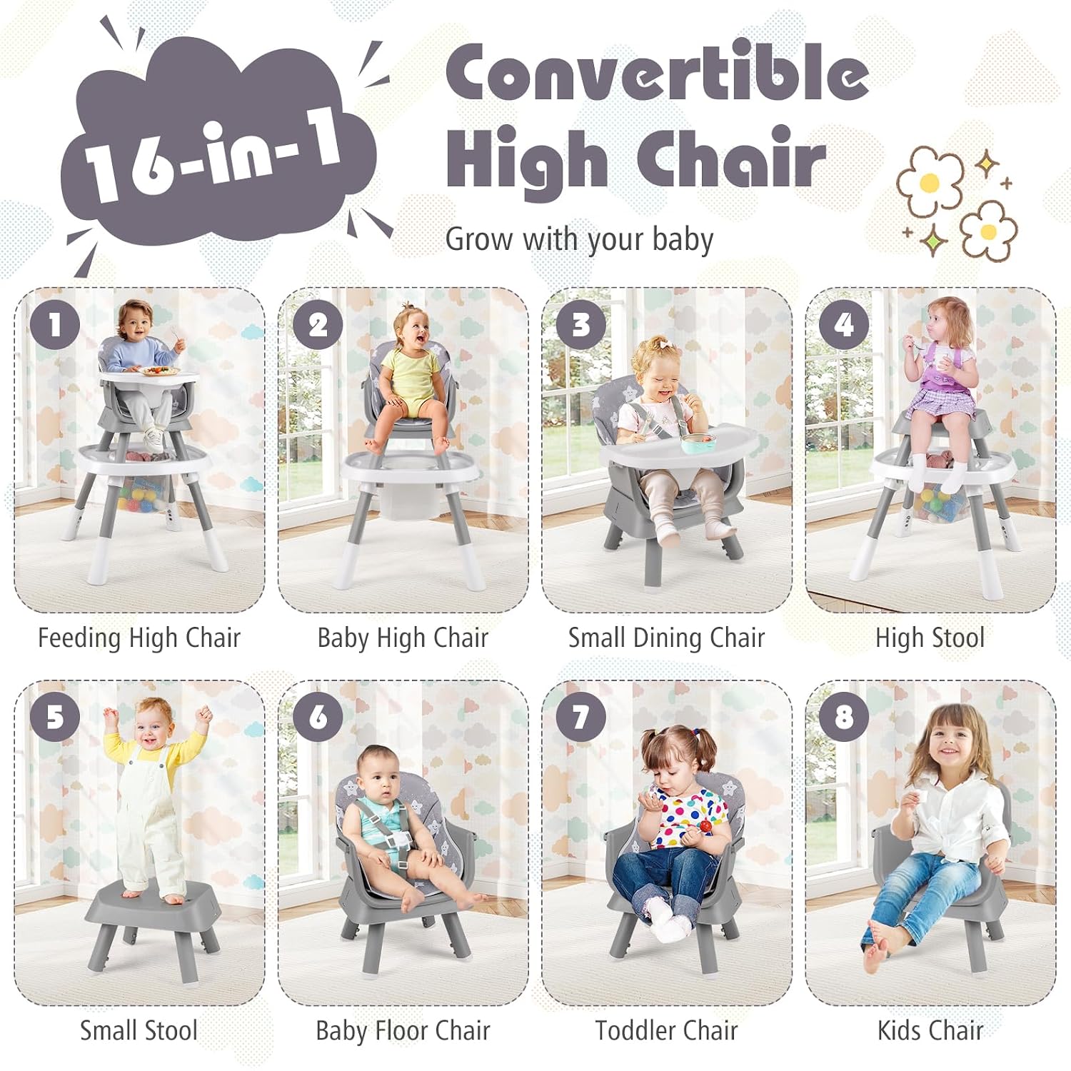 KOTEK 16 in 1 Convertible High Chair, Baby Highchair & Activity Center, Booster Seat, Building Block Table, Toddler Chair with 5-Point Harness, Removable Tray & Cushion (Gray)