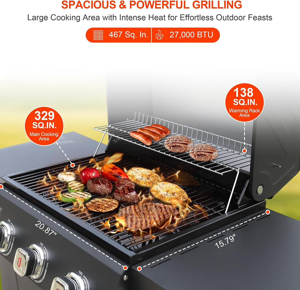 BRANDMAN GRILLS SINCE 1987 3-Burner Propane Gas Grill, 27,000 BTU BBQ Grill with Porcelain-Enameled Grates, Built-In Thermometer, Side Shelves, Heavy-Duty Wheels – Outdoor Grill for Patio & Backyard