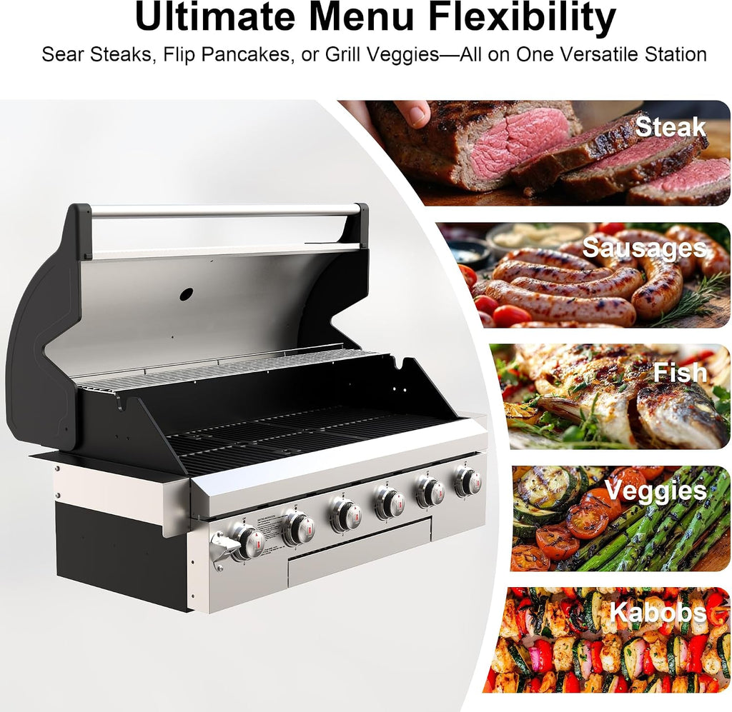 Brand-Man Propane Gas Grill, 40-Inch 6-Burner Built-In Head BBQ Island Outdoor Kitchen, Natural Gas Convertible, Heavy Duty 304 Stainless Steel, 60,000BTUs