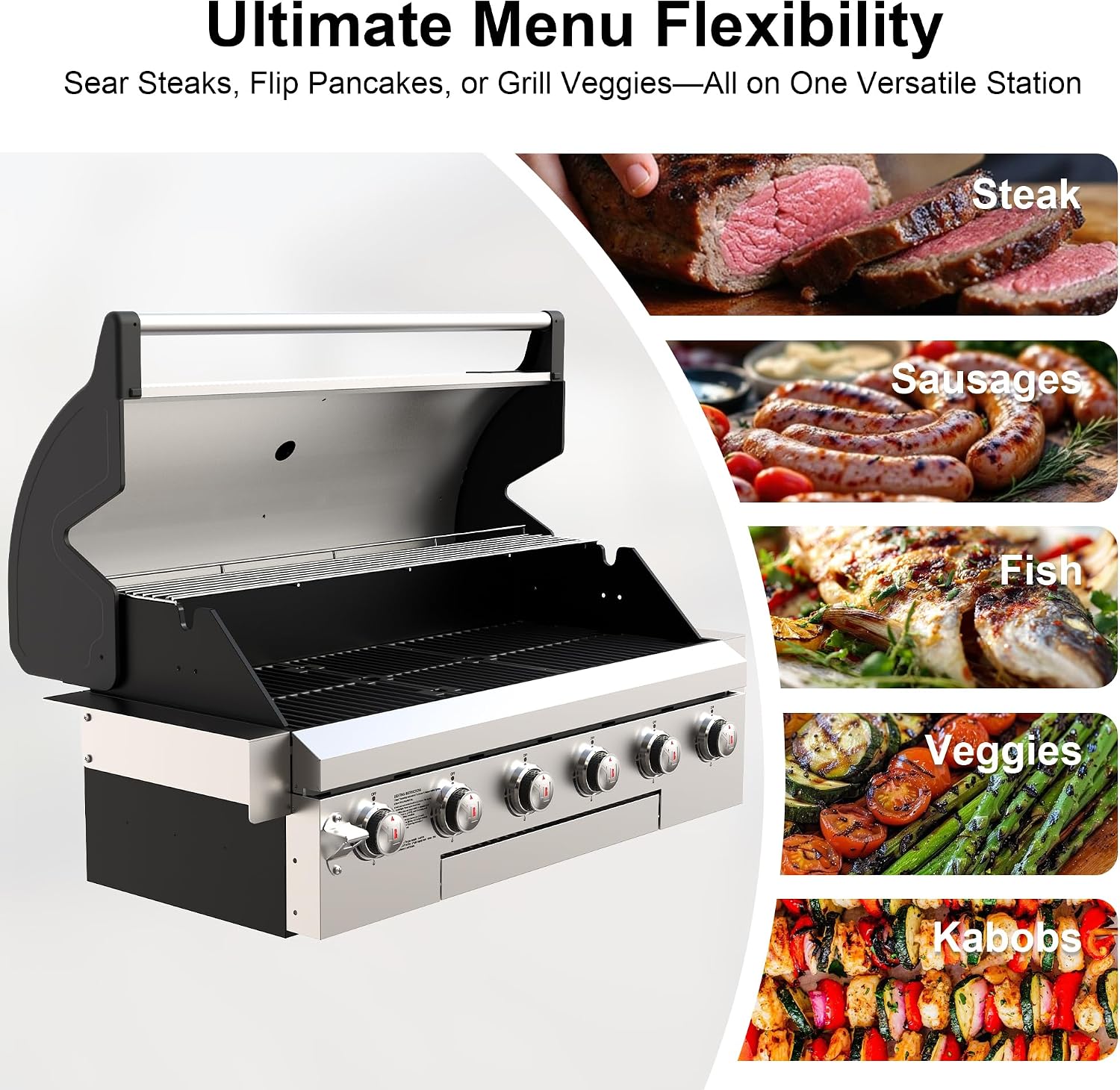 Brand-Man Propane Gas Grill, 40-Inch 6-Burner Built-In Head BBQ Island Outdoor Kitchen, Natural Gas Convertible, Heavy Duty 304 Stainless Steel, 60,000BTUs