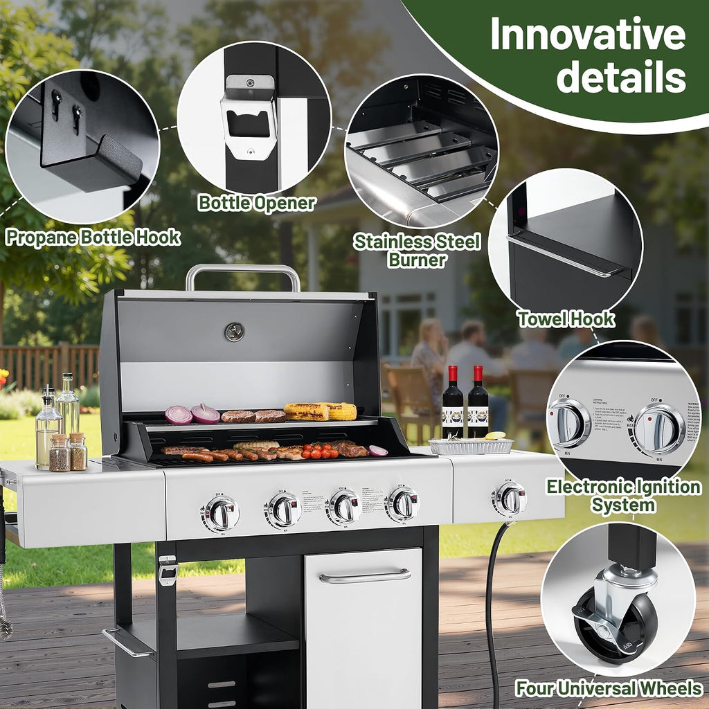 HUGROVE Propane Gas BBQ Grill with Side Burner & Wheels, 50,000 BTU Output Stainless Steel Barbecue Grill for Backyard & Outdoor Cooking Easy to Assemble (Silver)