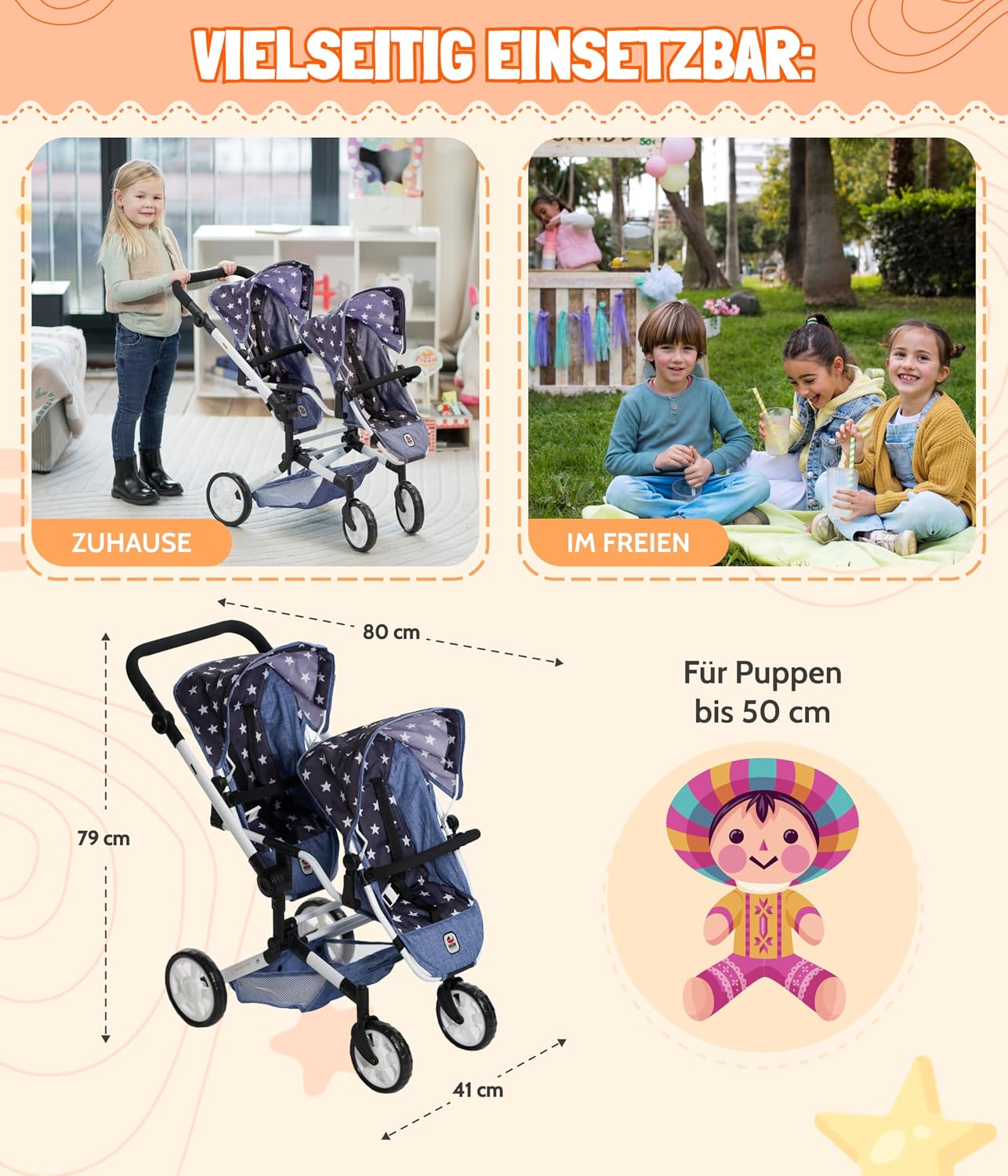 Bayer Chic 2000 - Linus Duo Doll's Pram, Twin Doll's Pram for Children from 4 to 8 Years, Jeans Grey, 690-76, 82 x 41.5 x 79 cm