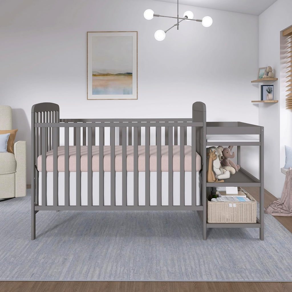 Dream On Me Anna 3-in-1 Convertible Full-Size Baby Crib & Changer with Storage in Steel Grey, GreenGuard Gold & JPMA, Pinewood, Converts to Day & Toddler Bed, 3 Mattress Heights, 1″ Changing Pad