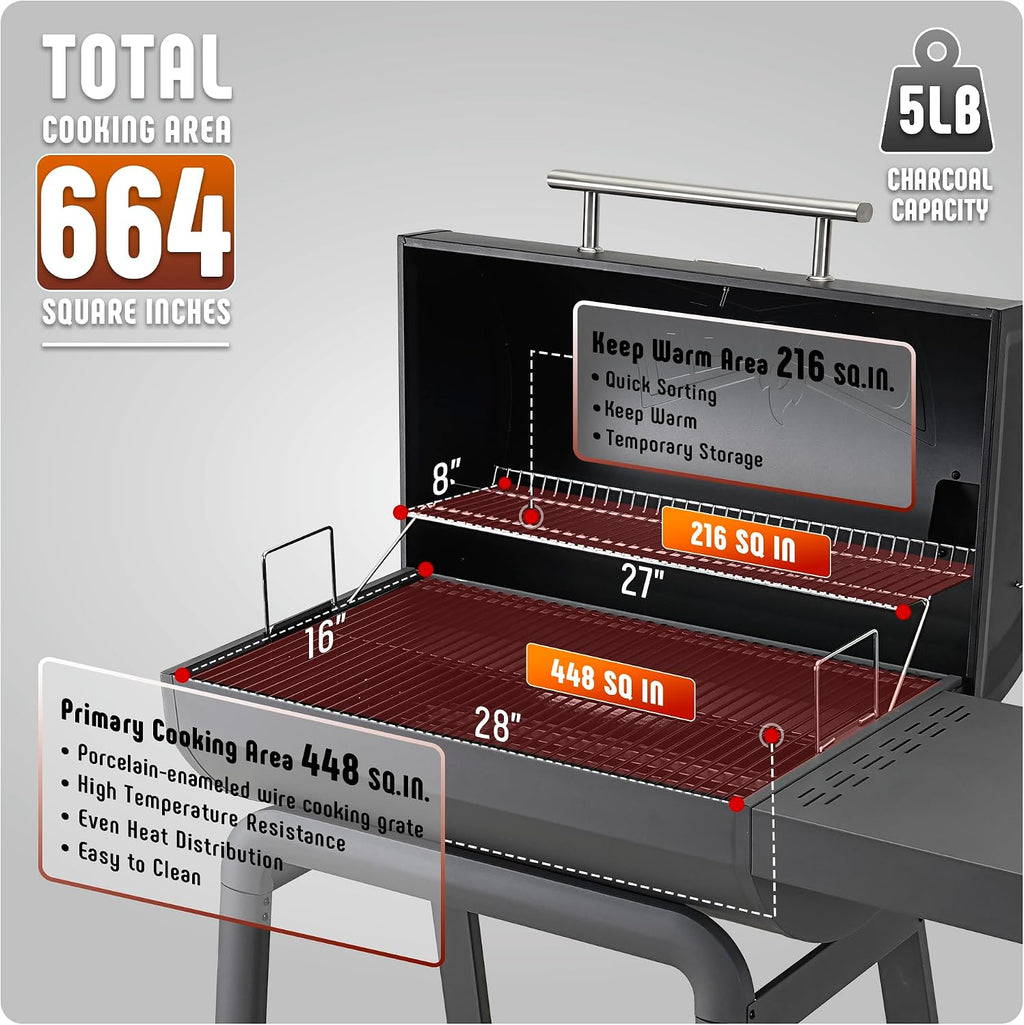 Feasto Heavy-Duty 30-Inch Charcoal Grill with Side Table & 647 Sq. In Cooking Area, Outdoor BBQ Grill for Outdoor Barbecue in Backyard, Patio and Parties, Grey
