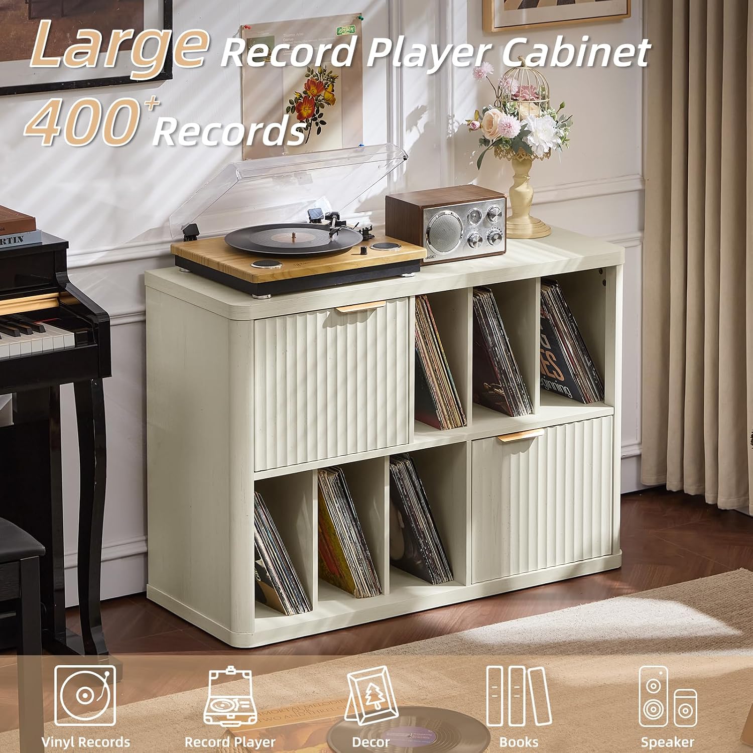 LEYAOYAO Large Record Player Stand with Vinyl Storage Up to 450 Albums, Wood Fluted Record Storage Accent Cabinet, Modern Stereo Media Cabinets, Wide Turntable Stand for Living Room, Antique White