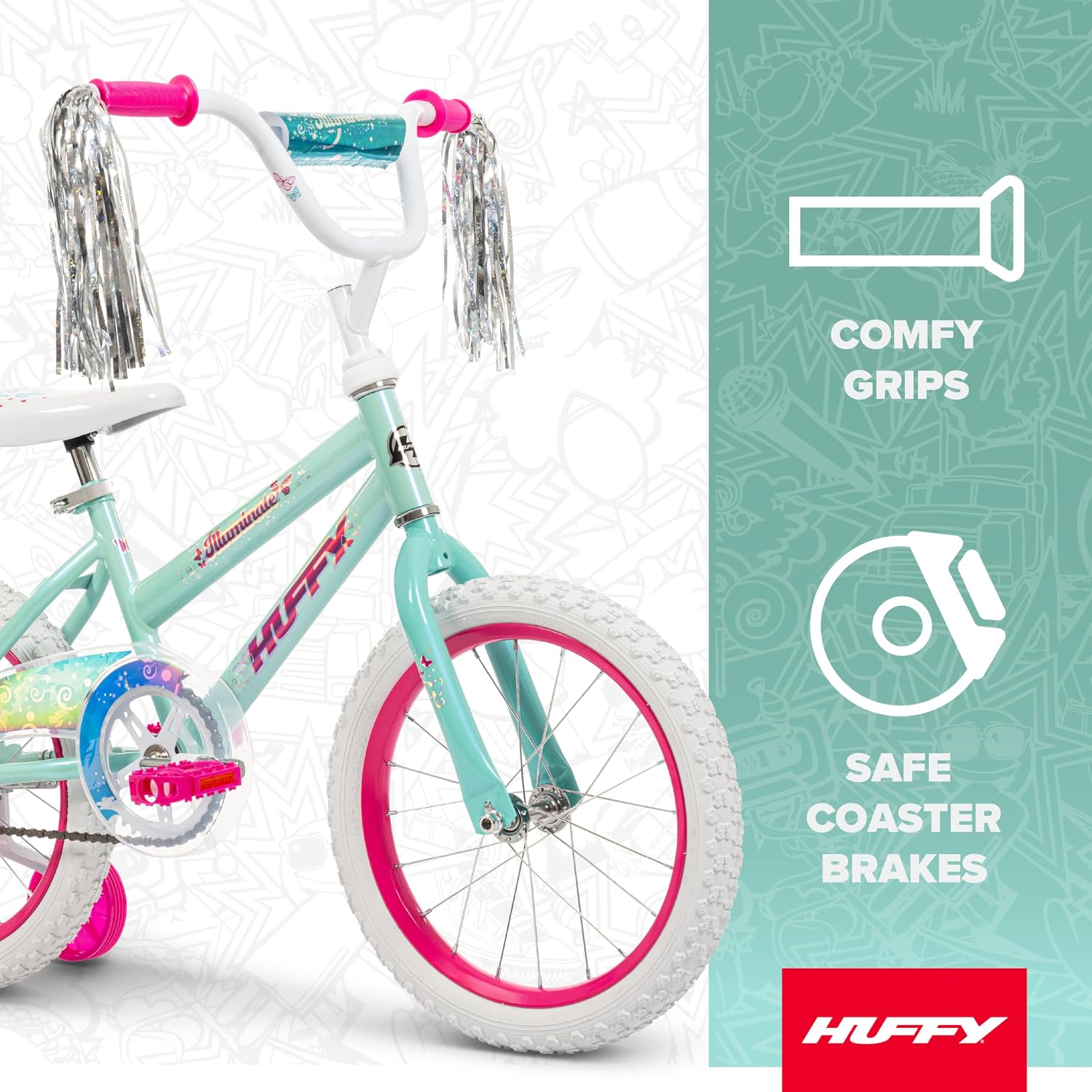 Huffy Illuminate Bike for Girls, 12/16/20 Inch Size Options, Ages 3+ Years Old, Removable Training Wheels (12' and 16' Only), Multiple Color Options, Easy Assembly, Adjustable Seat, Durable