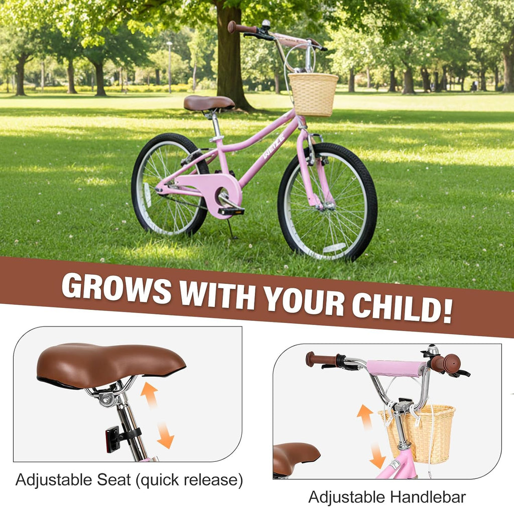 WEIZE Girls Bike for 6-14 Years Old, 20 24 Inch Kids Bike with Basket and Kickstand, Retro Style Childrens Bicycle for Teen Girls, Lightweight Steel Frame, Multiple Colors