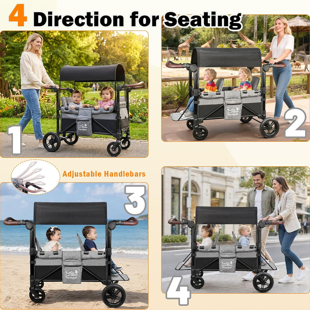 Wagon Stroller, Foldable 2 Seater Stroller Wagon for Kids with Extra Long Extender, Aluminum All-Terrain Baby Wagon with Convertible Seats, Adjustable Handle, Removable Canopy, Snack Tray, Cup Holder