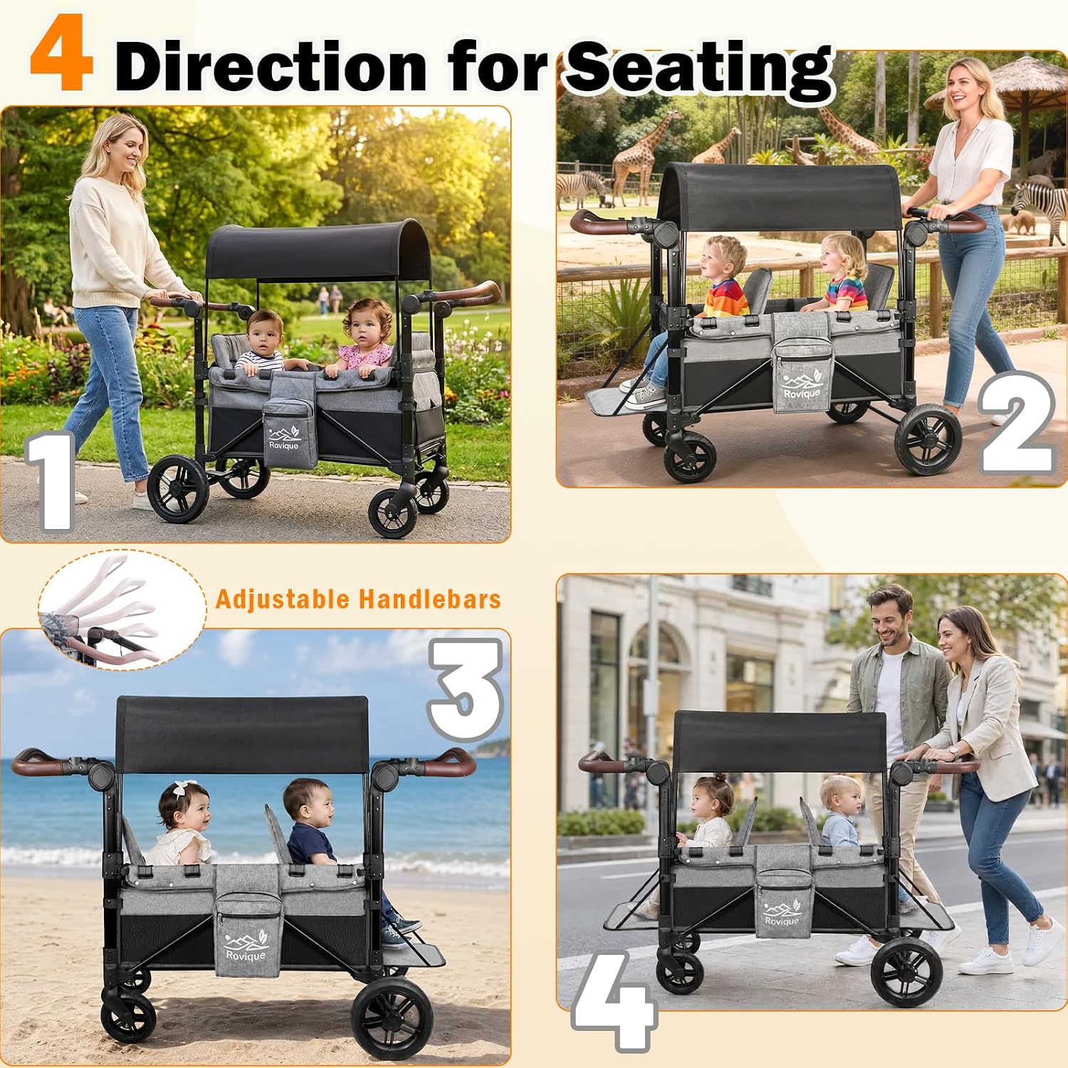 Wagon Stroller, Foldable 2 Seater Stroller Wagon for Kids with Extra Long Extender, Aluminum All-Terrain Baby Wagon with Convertible Seats, Adjustable Handle, Removable Canopy, Snack Tray, Cup Holder