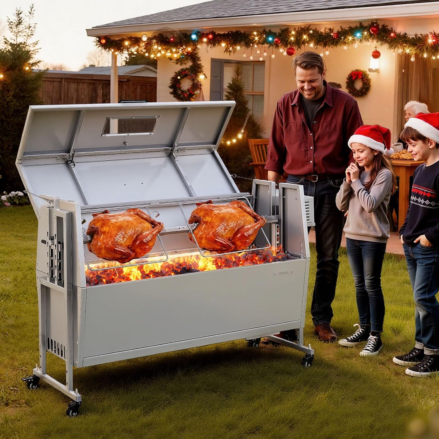 VEVOR Rotisserie Grill, 46in BBQ Outdoor Pig & Lamb Spit Roaster, Charcoal Spit Roaster with 132 LBS Capacity, Wheels & 4-Level Height, Stainless Steel Rotisserie Grill Kit for Camping Outdoor Parties