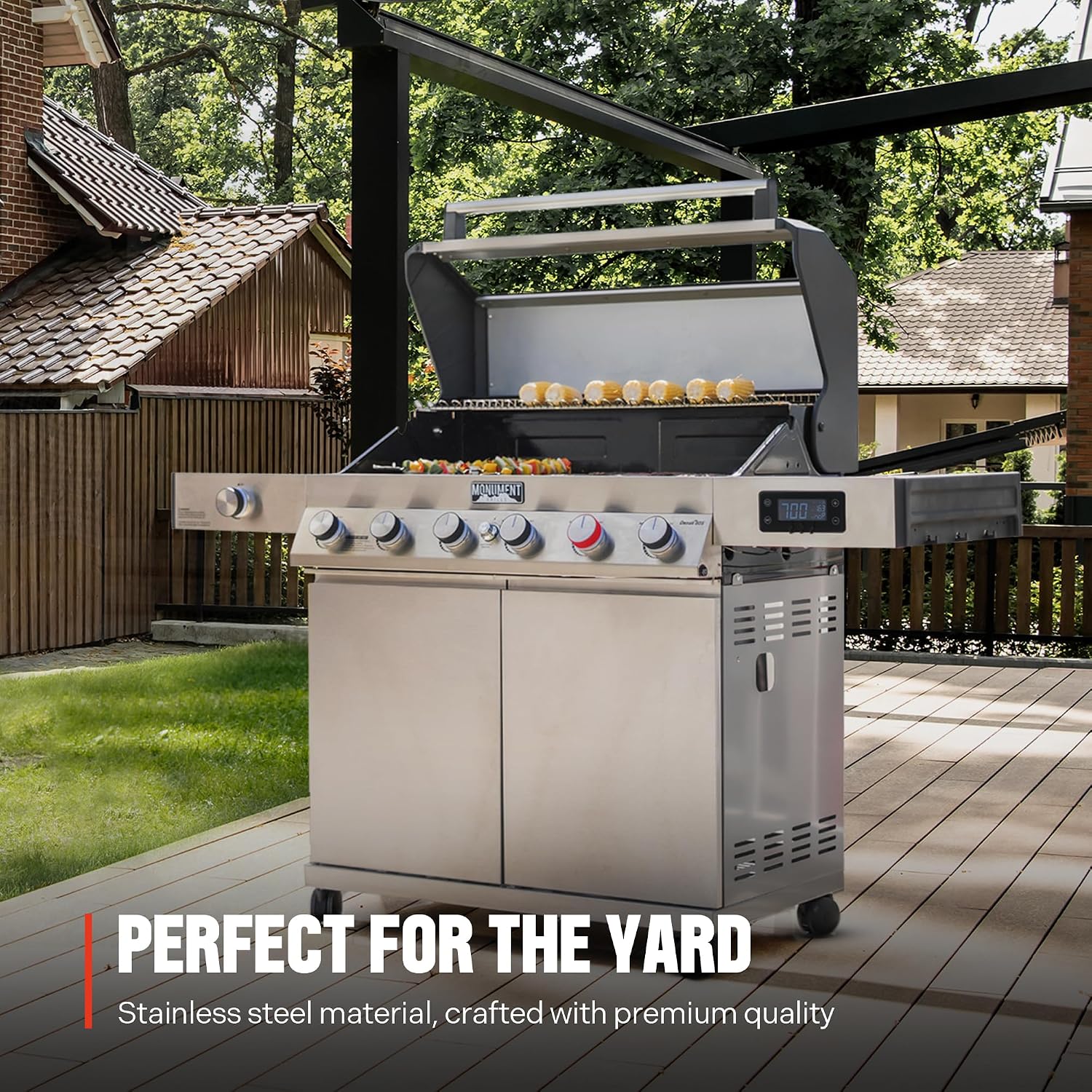 Monument Grills 6+1 Burner Smart Tech Propane Gas Grill, Denali 605Pro Stainless Steel Grill 78,000 BTU Outdoor Patio Barbecue Grill with Side Sear Burner, Knob Control, Cover and Rotisserie Kit