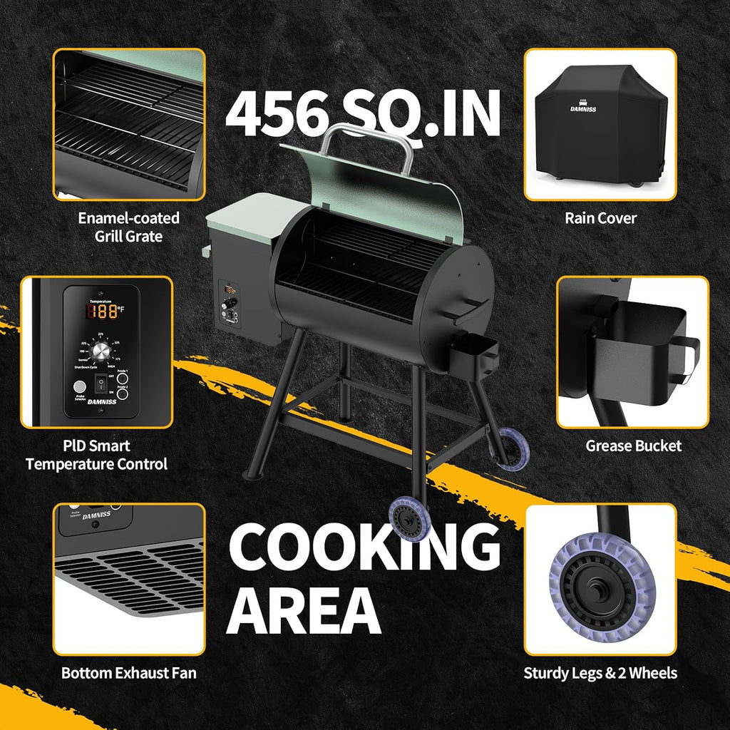DAMNISS Electric Wood Pellet Smoker Grill 8 In 1 BBQ Grills for Outdoor Grill with Auto Feed & PID Temperature Control (180-450°F) and Rain Cover 456 Sq.In Cook Area for Backyard New House Gifts