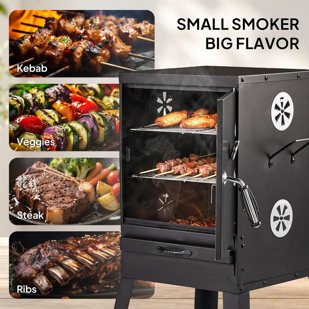 ROVSUN 2-in-1 Outdoor Smoker with Door, Vertical Portable Charcoal Grill with Two Detachable Grill Smoking Racks and Charcoal Pan, Perfect for Camping Barbecue, Small Families, Black