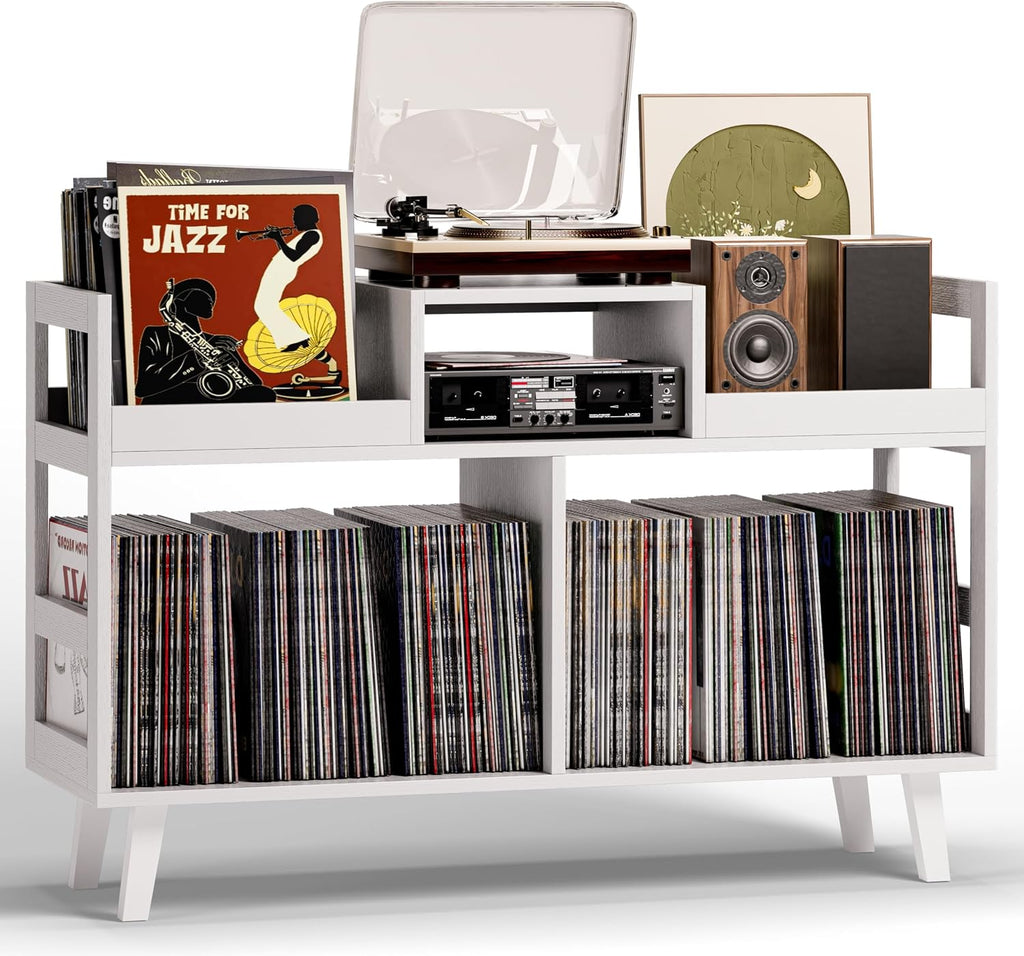 Record Player Stand with Vinyl Storage, Mid-Century Modern Turntable Stand Holds 450+ Albums, Large Wood Record Player Table with Metal Dividers, Wood Media Console for Living Room, (White, Double-Sided Large)