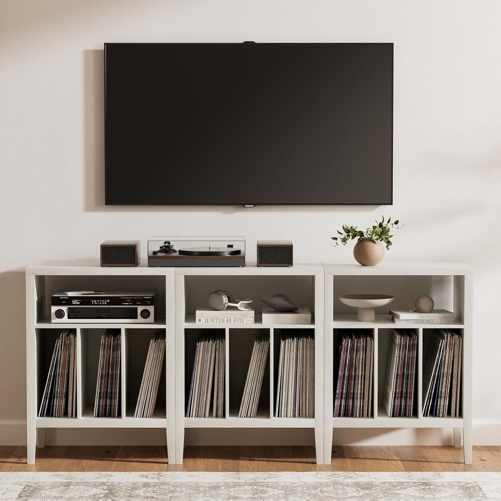 Modern Record Player Stand, Vinyl Record Storage Cabinet with Open Shelf, Wood Records Player Table Cube Storage Organizer for Living Room, Office, Antique White