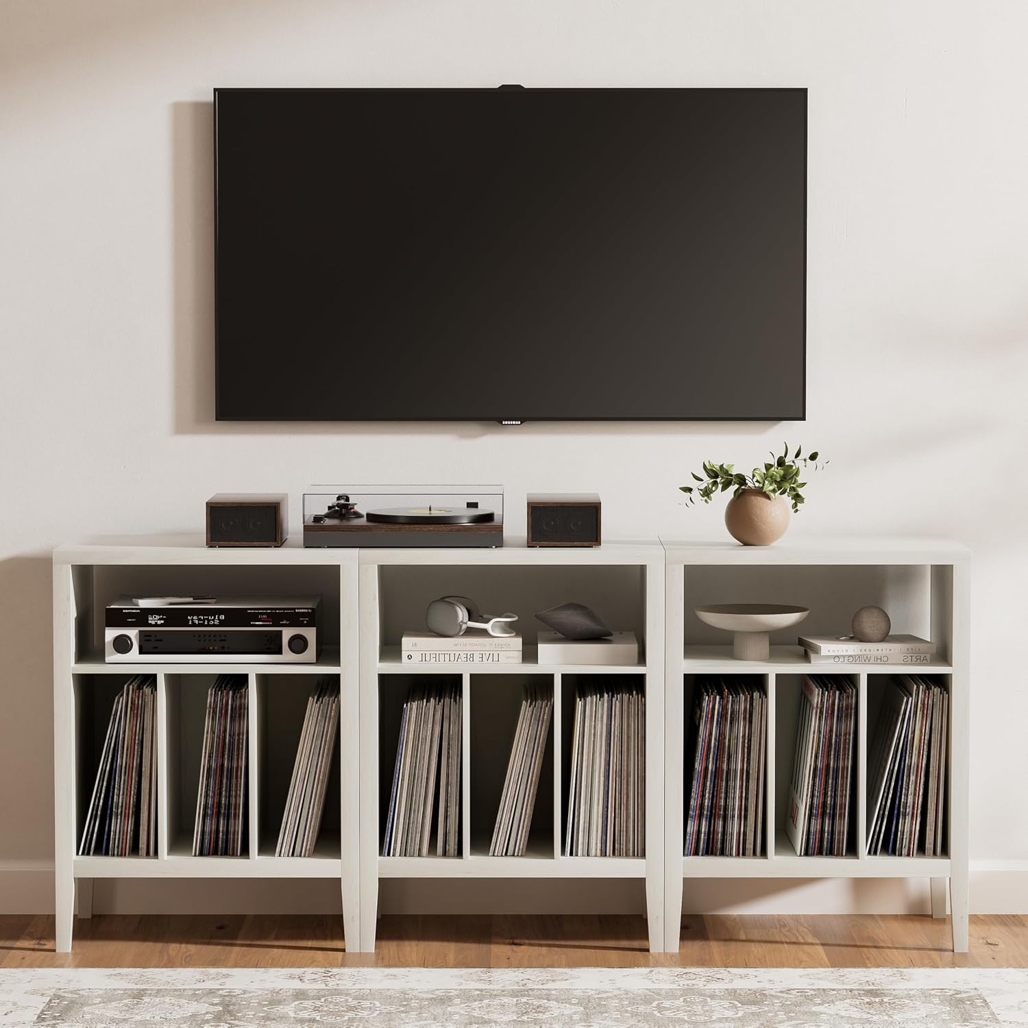 Modern Record Player Stand, Vinyl Record Storage Cabinet with Open Shelf, Wood Records Player Table Cube Storage Organizer for Living Room, Office, Antique White