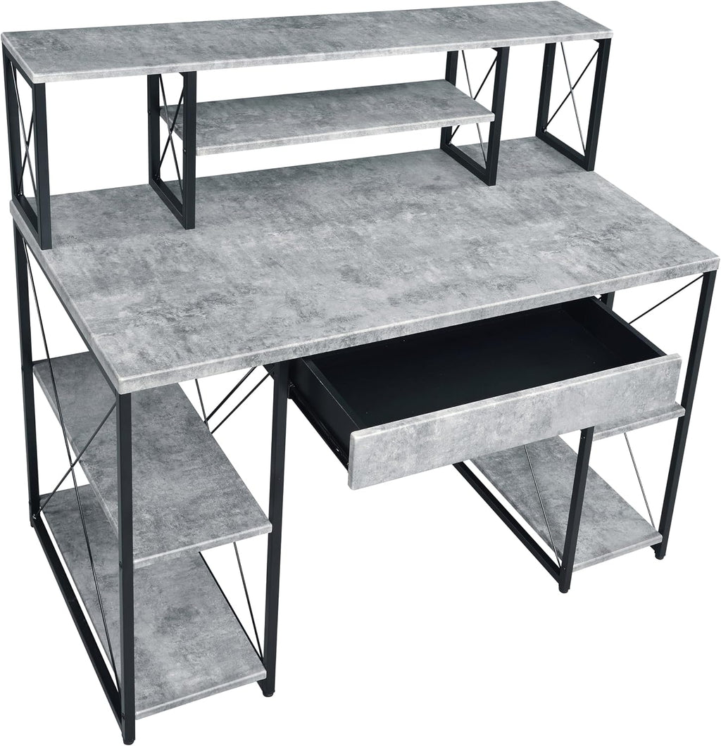 AMNOOL Office Desk with Open Shelves - Stylish Wood Recording Studio Workstation with Drawer and Compartments for Audio Equipment, Cables, and Accessories (Black+Grey)