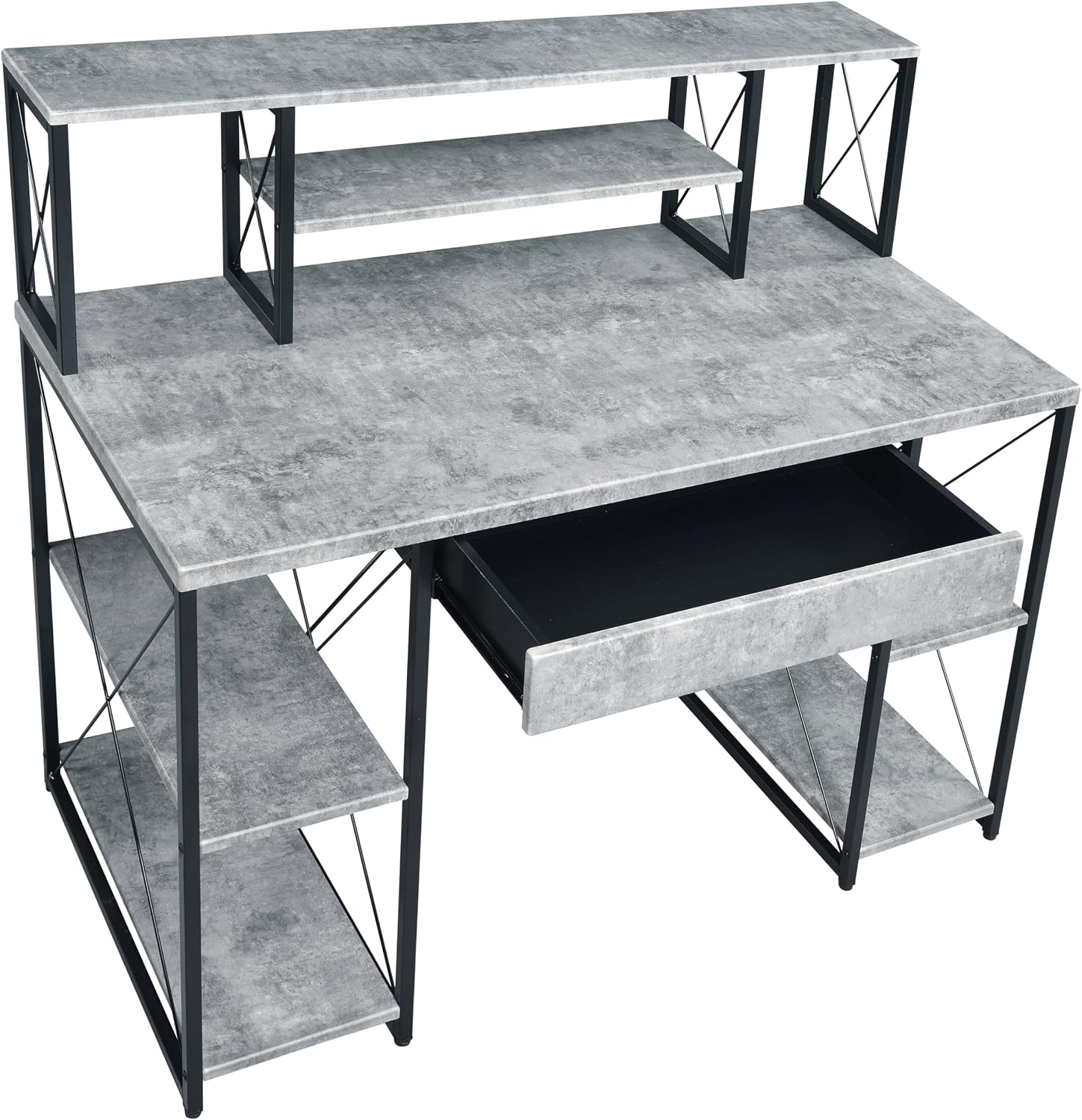 AMNOOL Office Desk with Open Shelves - Stylish Wood Recording Studio Workstation with Drawer and Compartments for Audio Equipment, Cables, and Accessories (Black+Grey)
