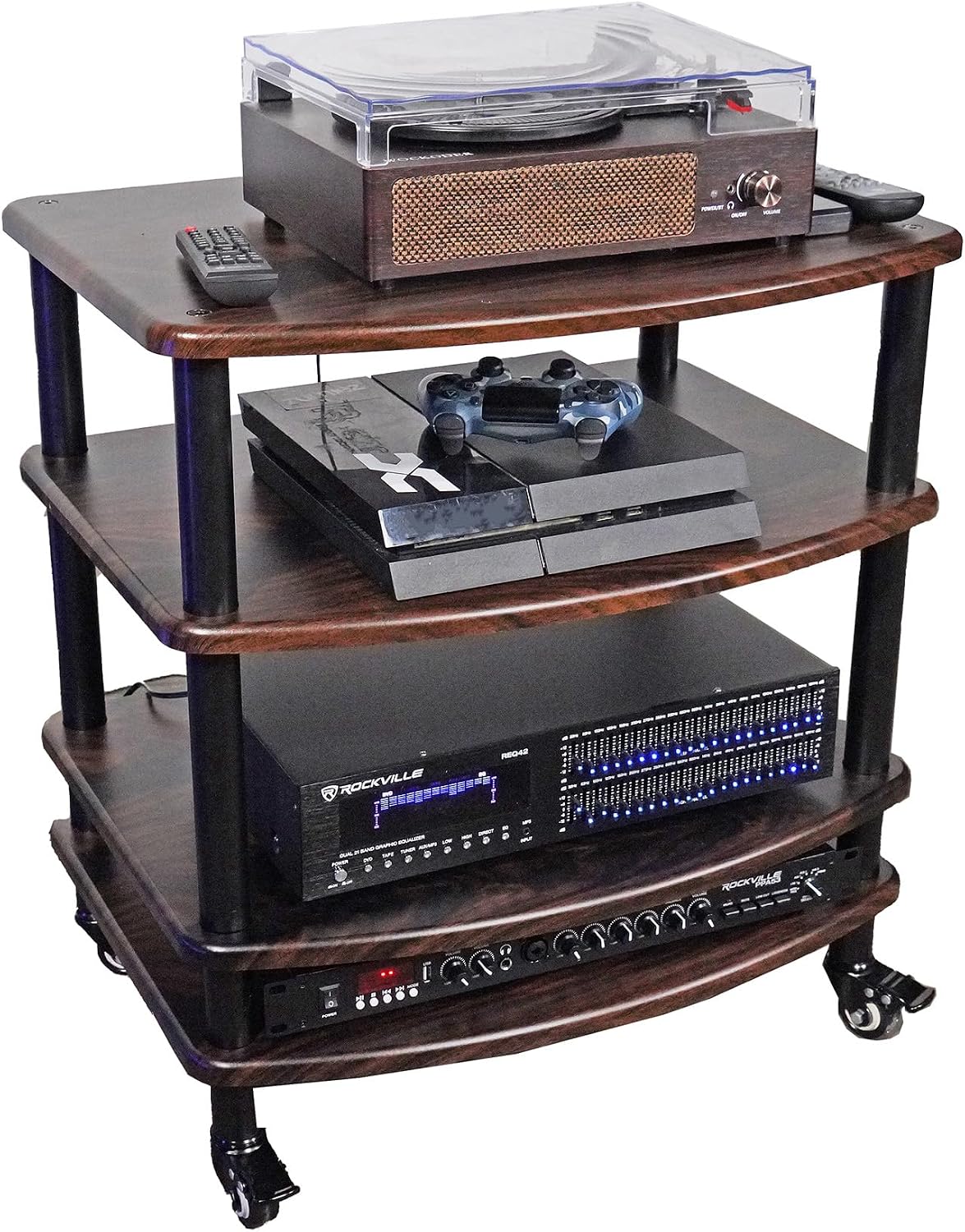 Rockville Bundle FLX Dark Wood Adjustable Height 4 Shelf Home Theater Audio Rack Stand Bundle Shelf for FLX Dark Wood Add-On Shelf + Tubes for FLX (2 Items)