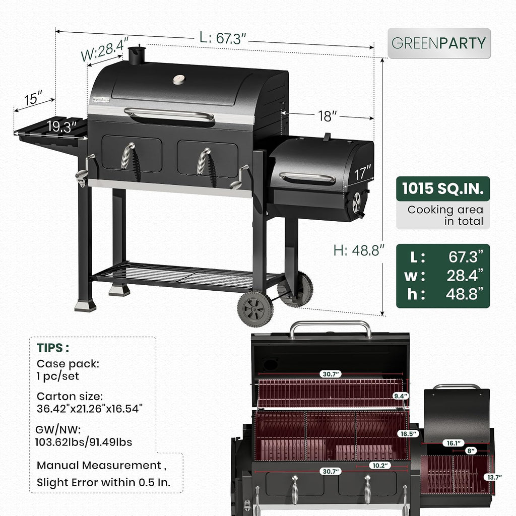 30 Inch Barrel Charcoal Grill and Offset Smoker, 1015 sq. in. Cooking Area Outdoor BBQ Grill, Perfect for Outdoor Cooking Barbecue Patio Garden Backyard Party