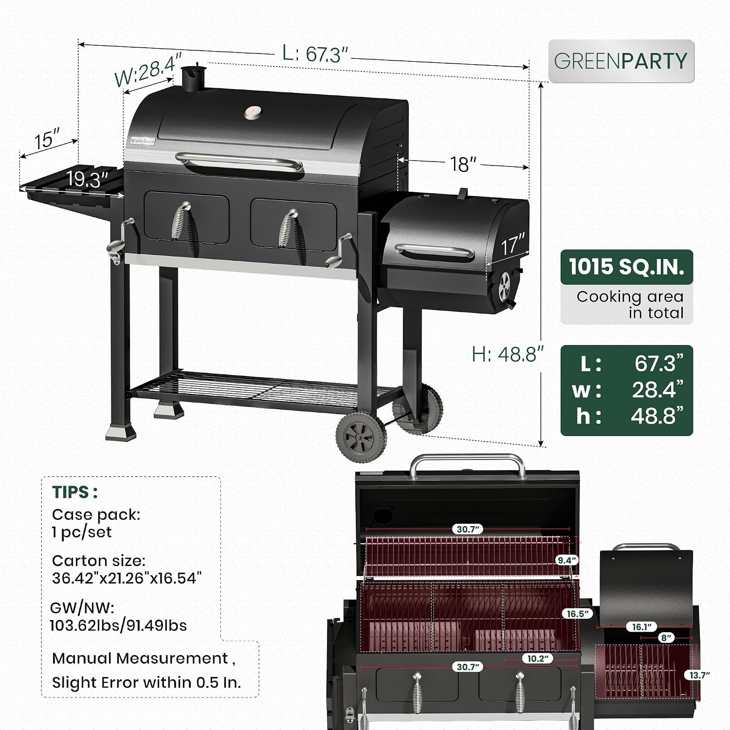 30 Inch Barrel Charcoal Grill and Offset Smoker, 1015 sq. in. Cooking Area Outdoor BBQ Grill, Perfect for Outdoor Cooking Barbecue Patio Garden Backyard Party