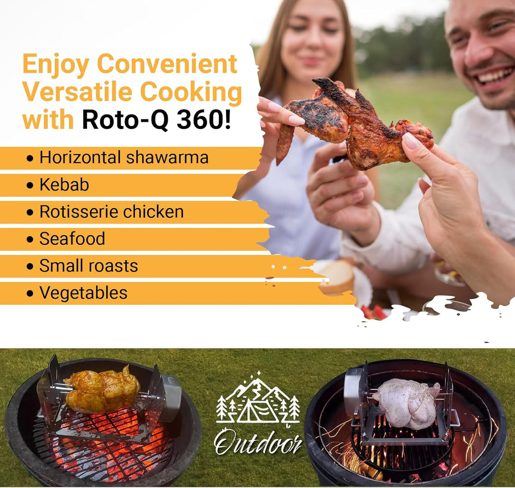 ROTO-Q 360 Family Rotisserie Kit – Non-Electric Wind-Up Spit Roaster with Basket, Flat Cage, Skewer Set & Mat for Grill, Oven, Smoker, Portable BBQ Cooking, Tailgating, or Camping Use