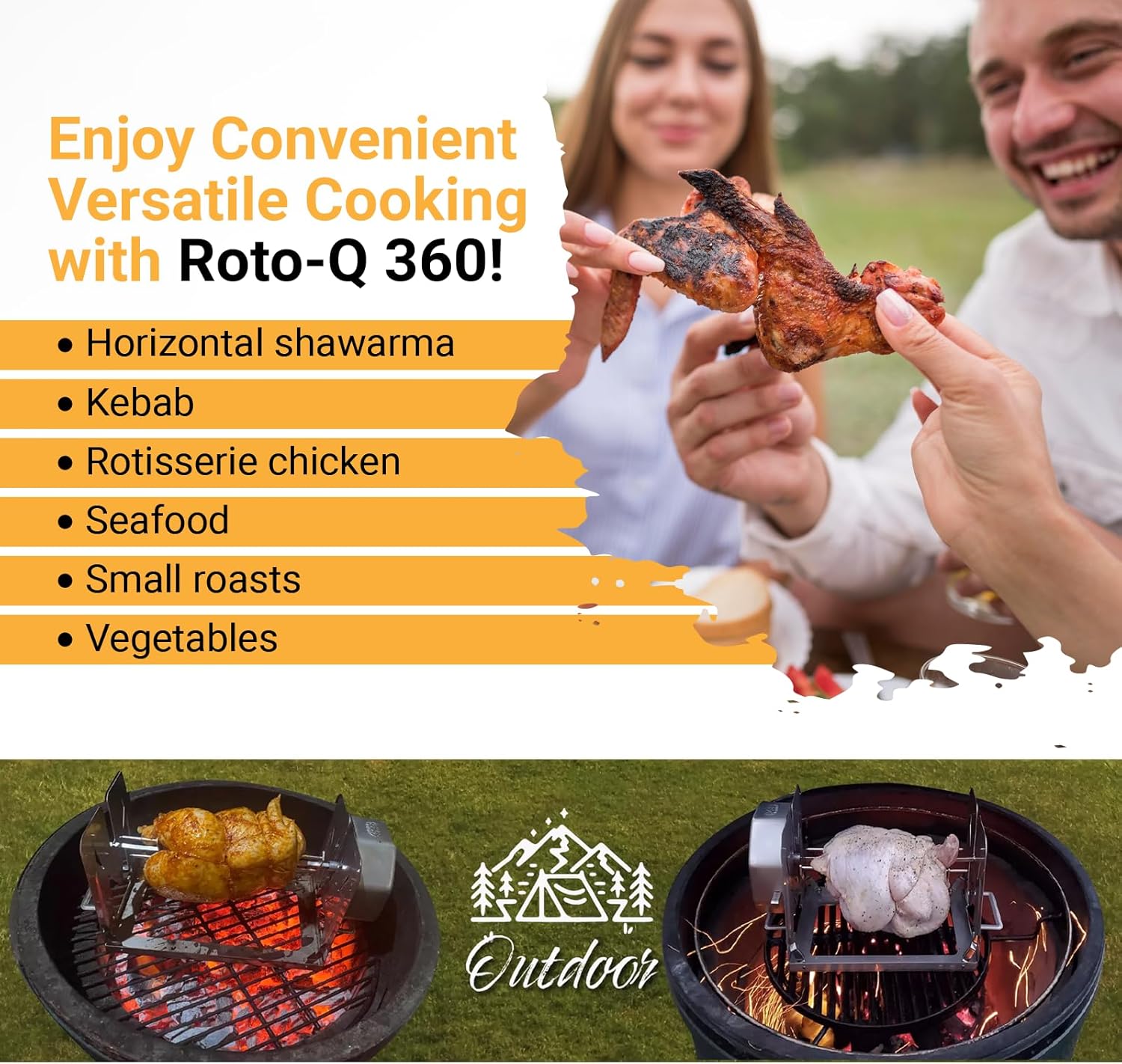 ROTO-Q 360 Family Rotisserie Kit – Non-Electric Wind-Up Spit Roaster with Basket, Flat Cage, Skewer Set & Mat for Grill, Oven, Smoker, Portable BBQ Cooking, Tailgating, or Camping Use